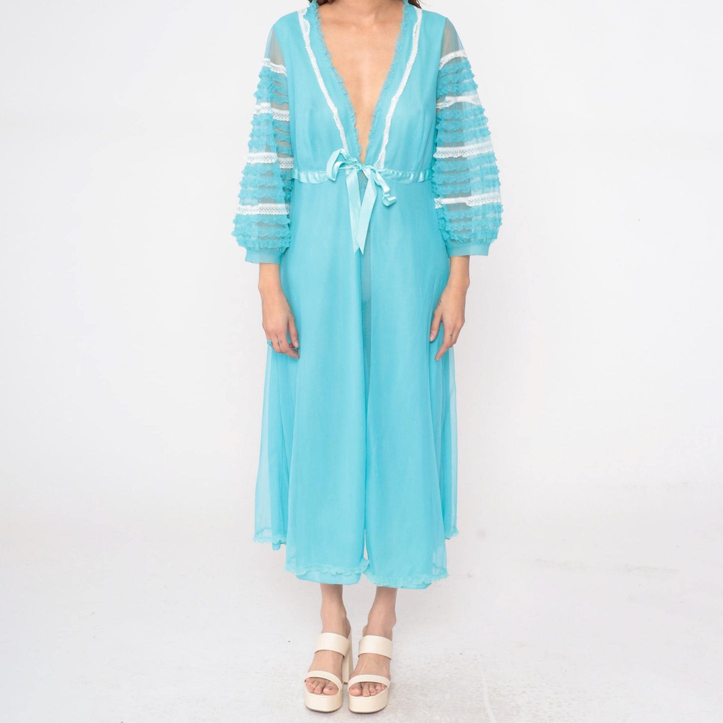 70s Aqua Blue Nylon Robe Sheer Ruffle Lace Trim V-Neck Maxi Medium
