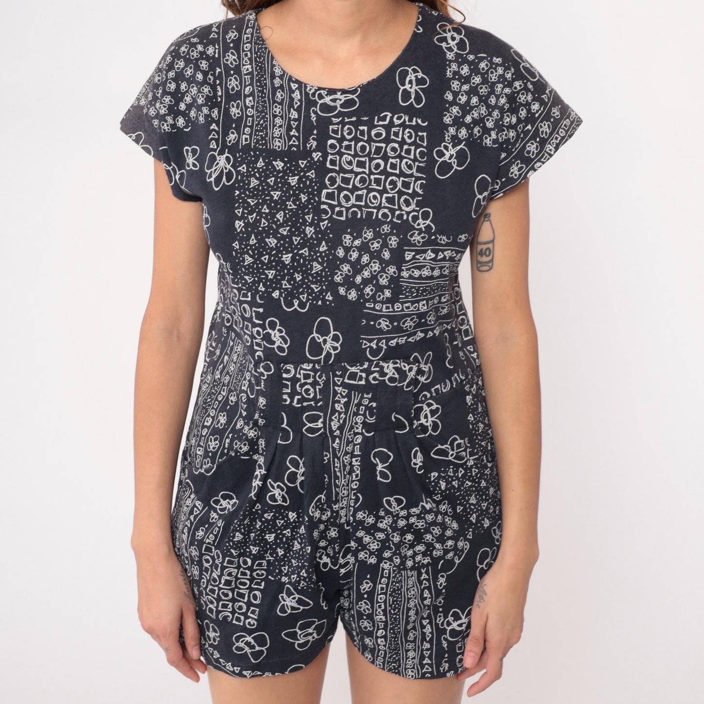90s Black Bandana Floral Romper Cotton Scoop Neck Short Sleeve Playsuit Large