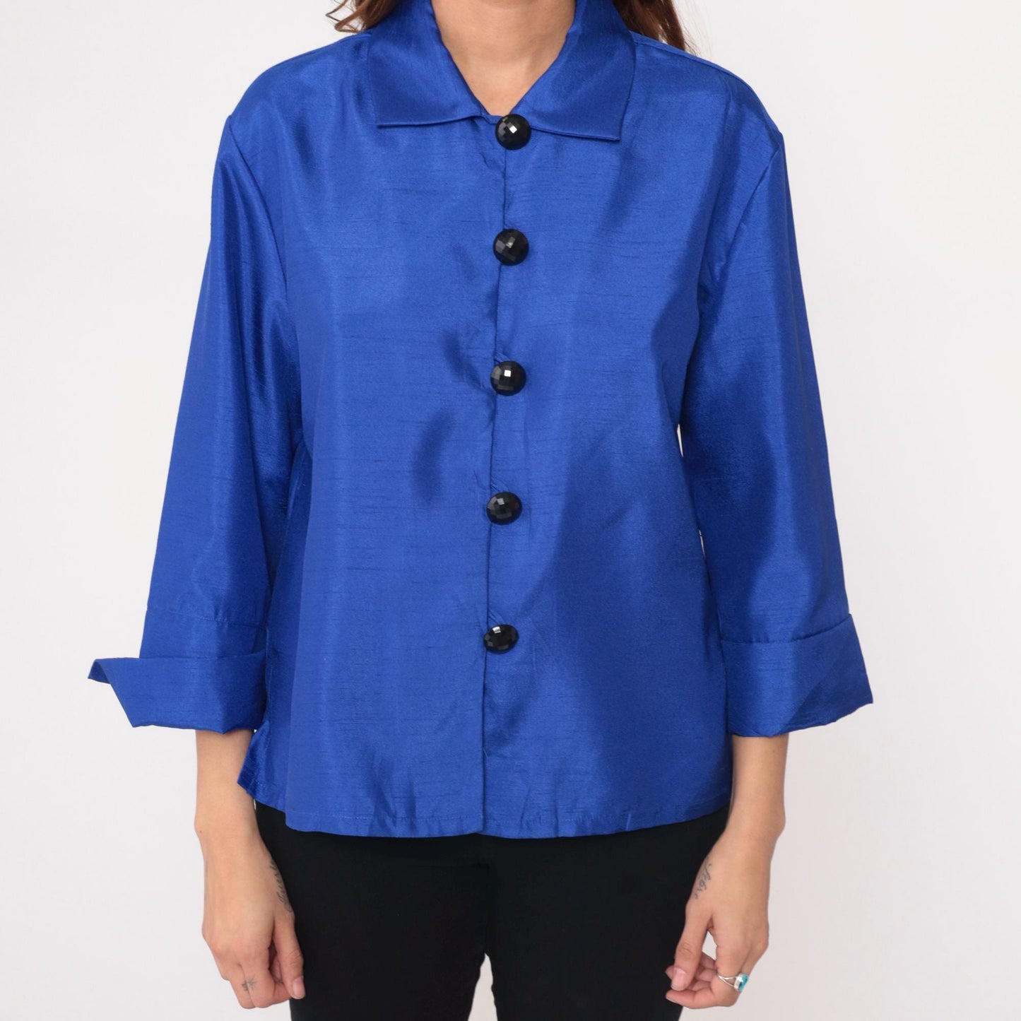 Y2K Royal Blue Button-Front Blouse Drapers Studio Collared Three-Quarter Sleeve Medium