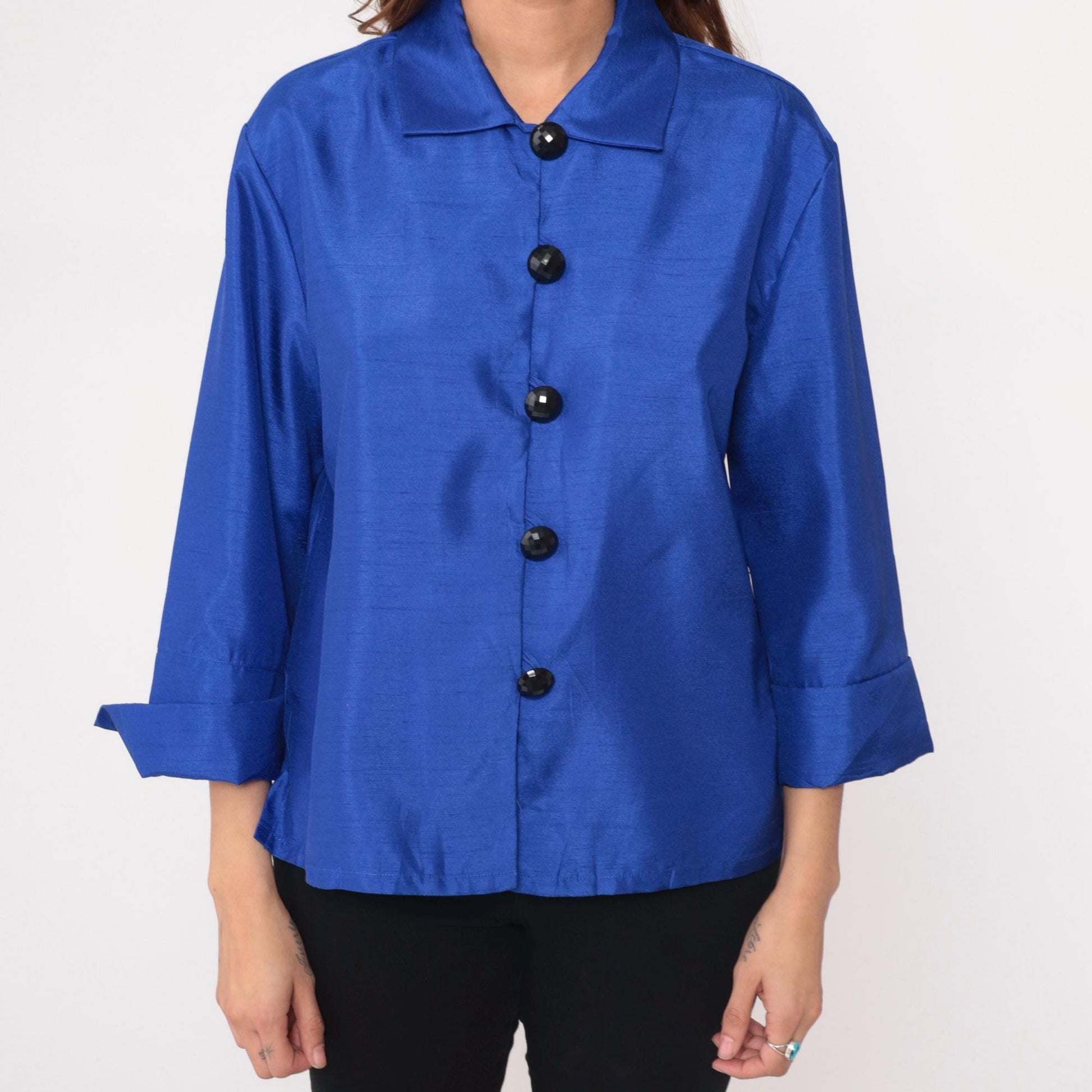 Y2K Royal Blue Button-Front Blouse Drapers Studio Collared Three-Quarter Sleeve Medium