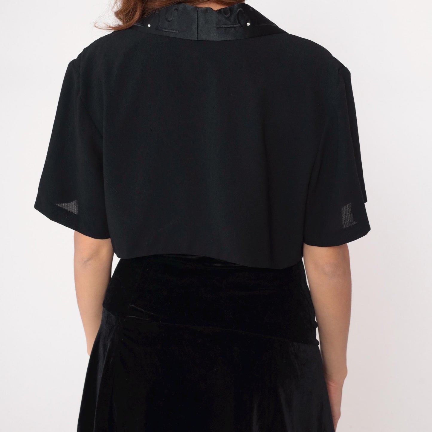 90s Black Rhinestone Bolero Jacket Cropped Satin Collar Short Sleeve Large L