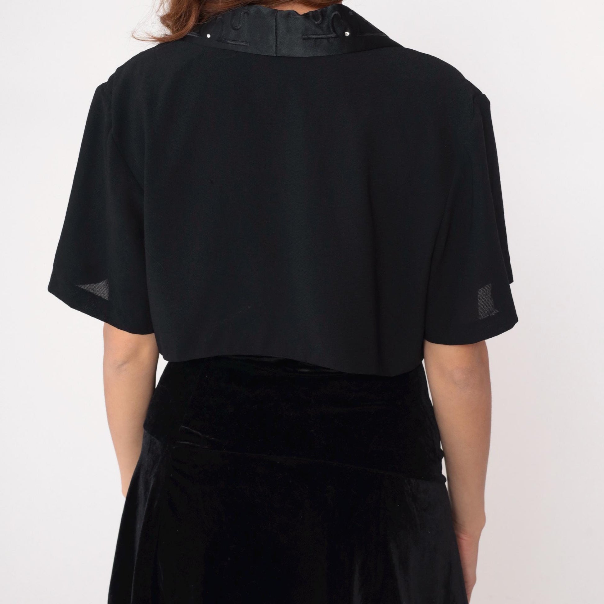 90s Black Rhinestone Bolero Jacket Cropped Satin Collar Short Sleeve Large L