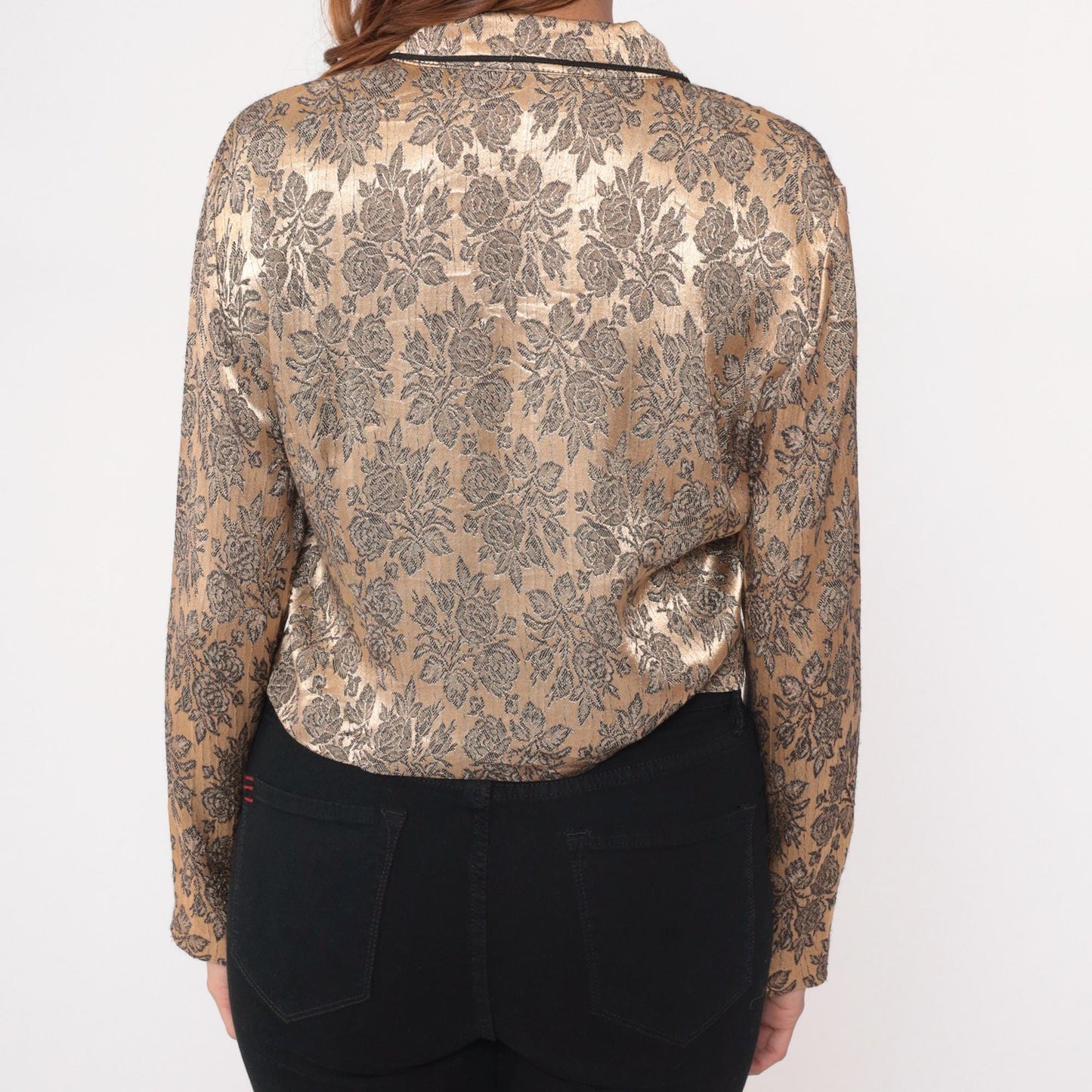 90s Sheri Martin Floral Brocade Jacket Cropped Champagne Black Piping Medium