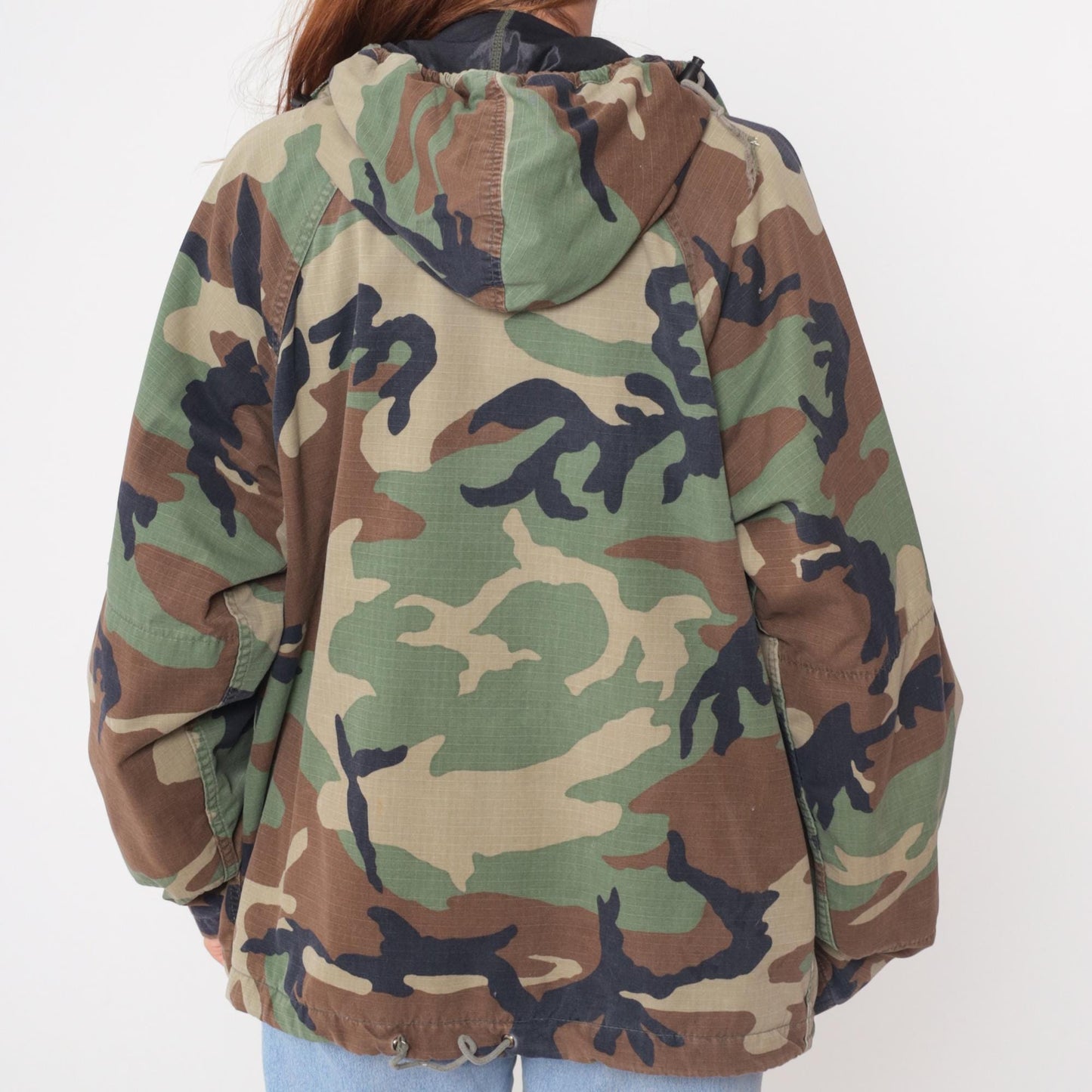 90s Woodland Camo Military Jacket Zip Hood Army Green Medium