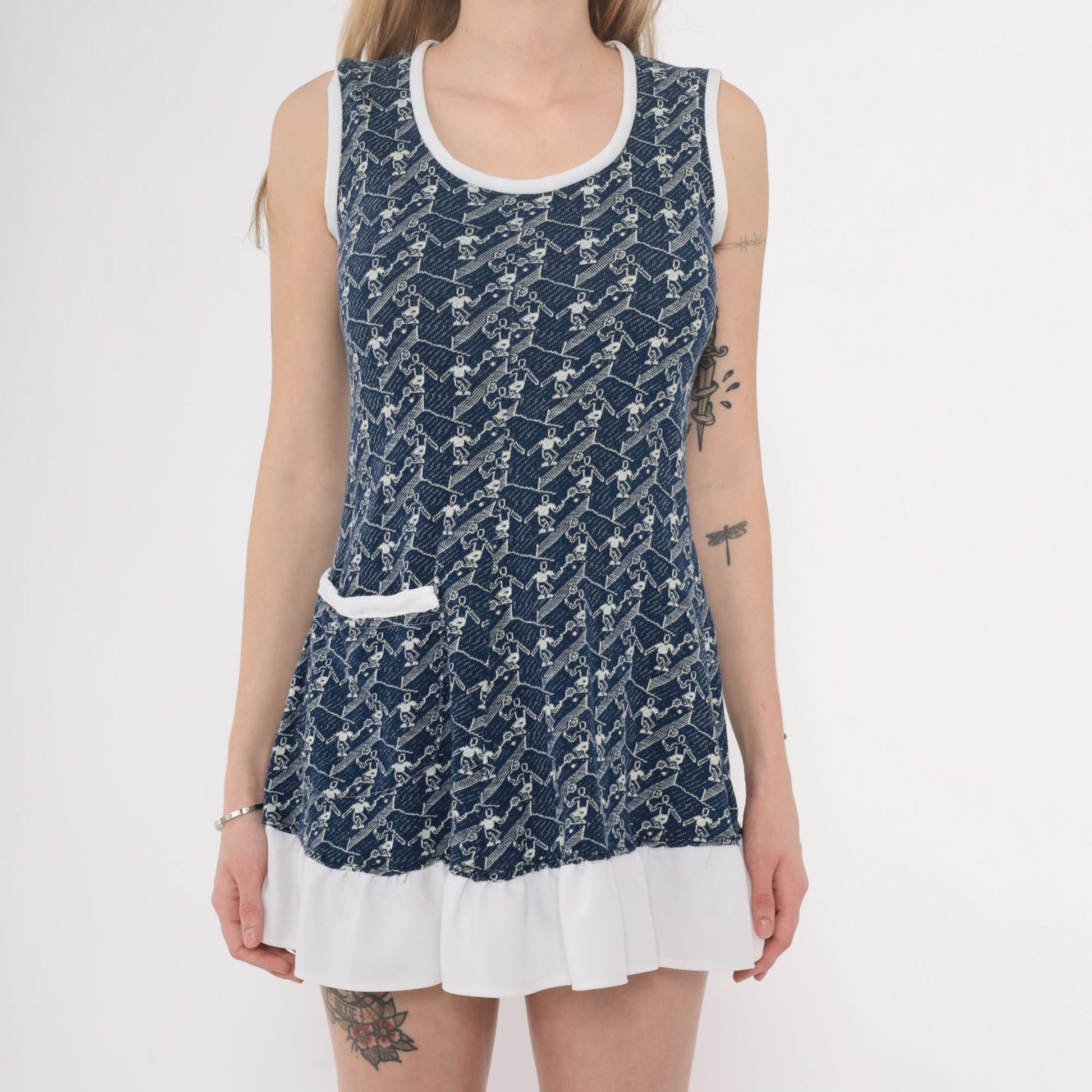 70s Navy Tennis Print Sleeveless Tunic White Trim Mini Dress Extra Small XS