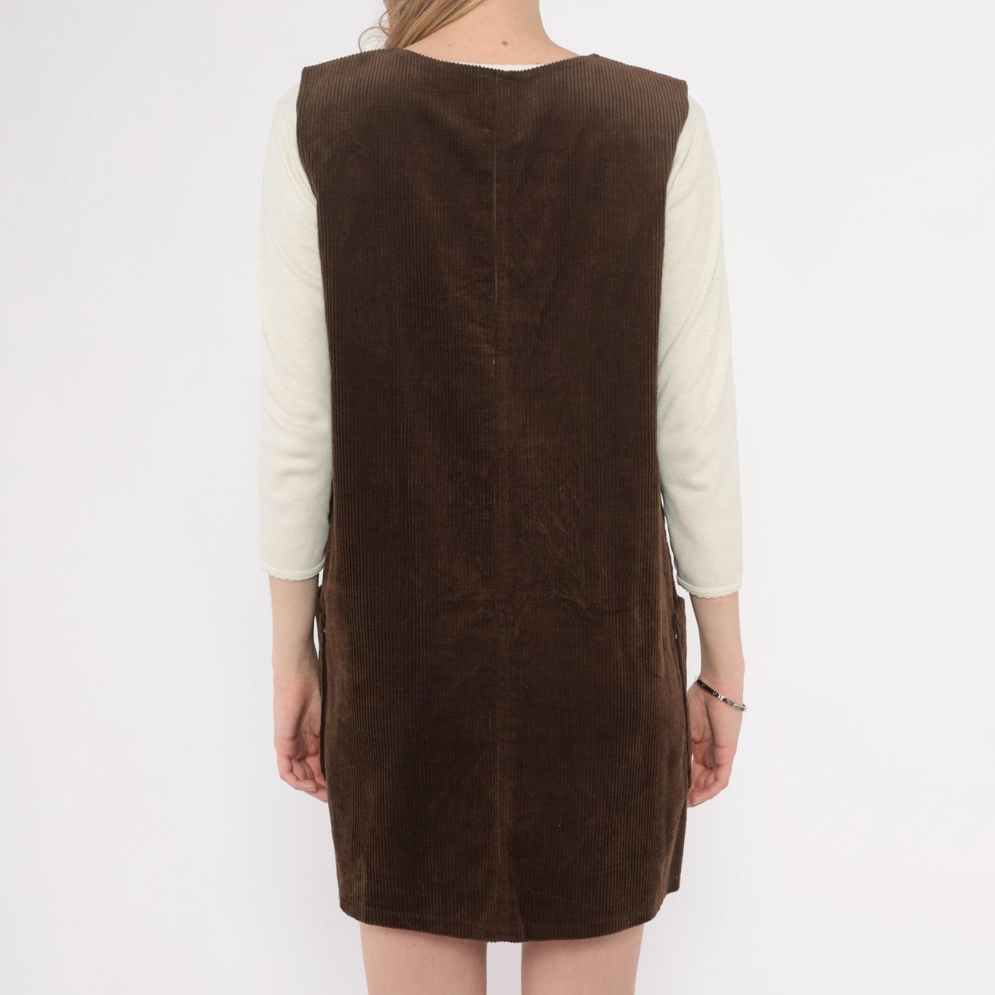 90s Brown Corduroy Jumper Dress Sleeveless V-Neck Shift Pinafore Small