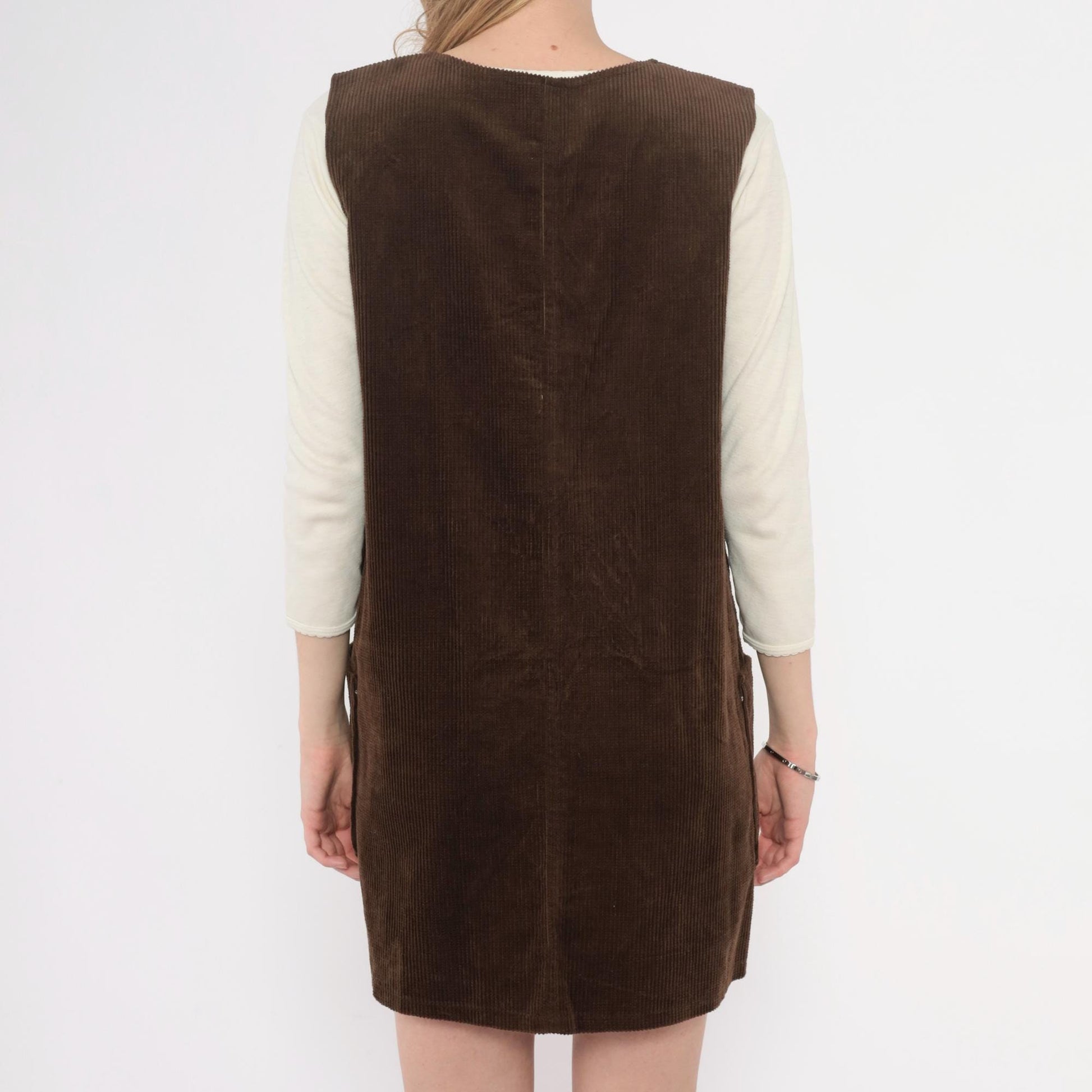 90s Brown Corduroy Jumper Dress Sleeveless V-Neck Shift Pinafore Small