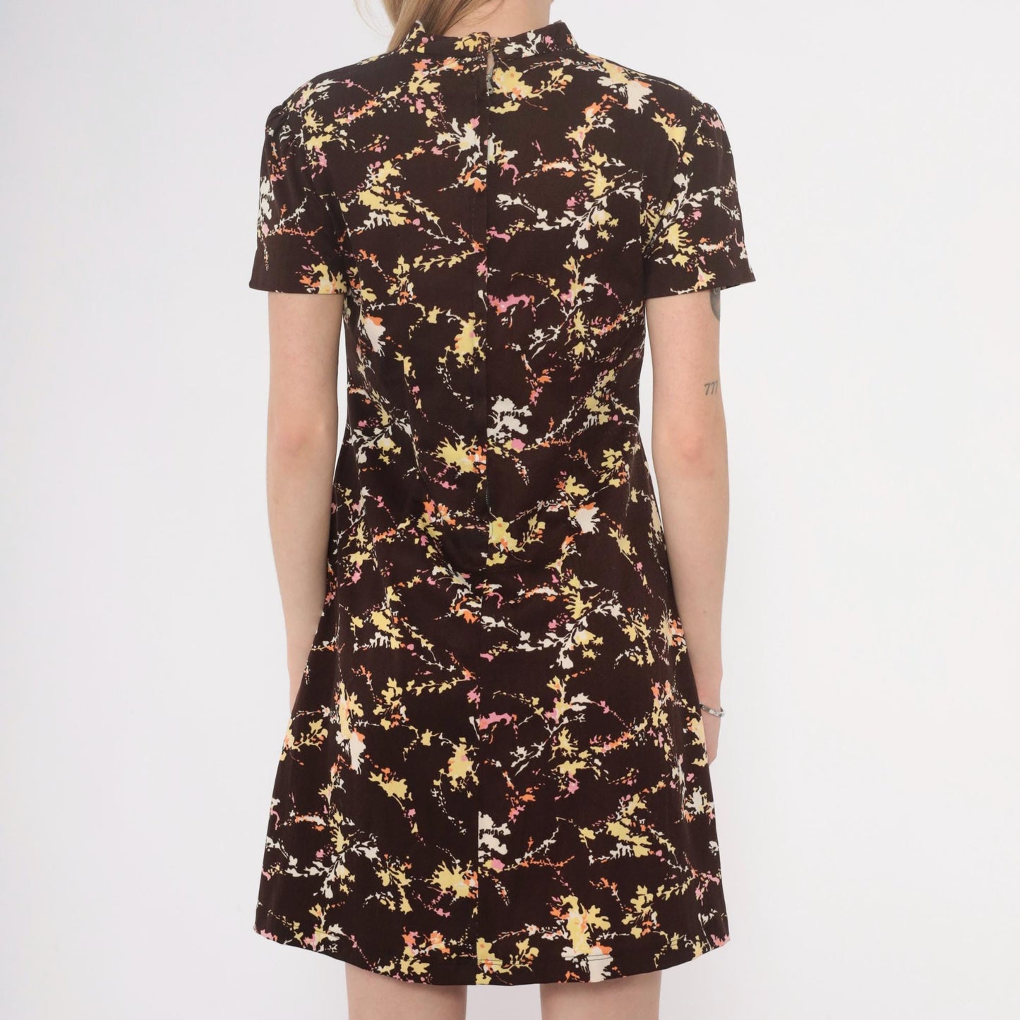 70s Brown Floral Mini Dress Collared Button Front A-Line Short Sleeve Medium M