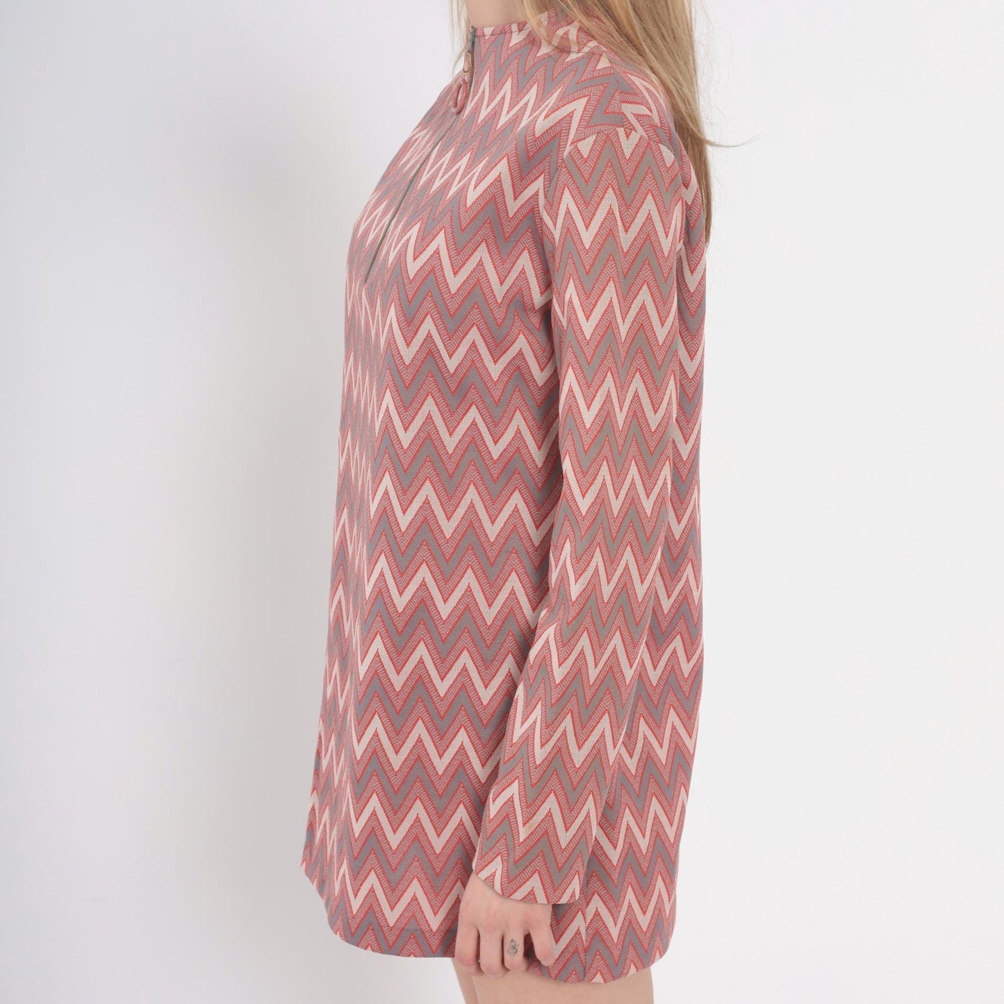 60s Chevron Print Mini Dress Mock Neck Shift Tunic Pink Grey Small S