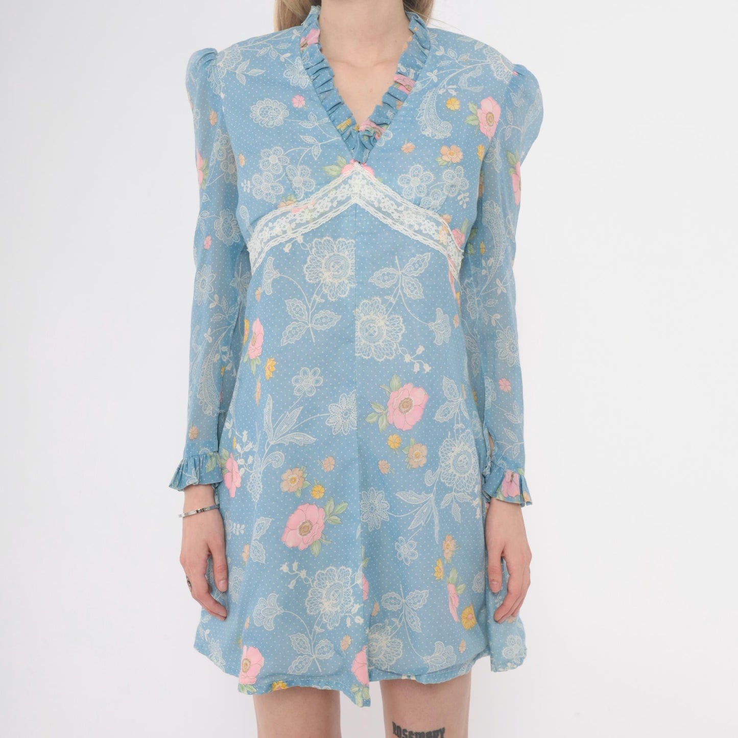 70s Light Blue Floral Mini Dress Long Sleeve Ruffle Lace Trim Small