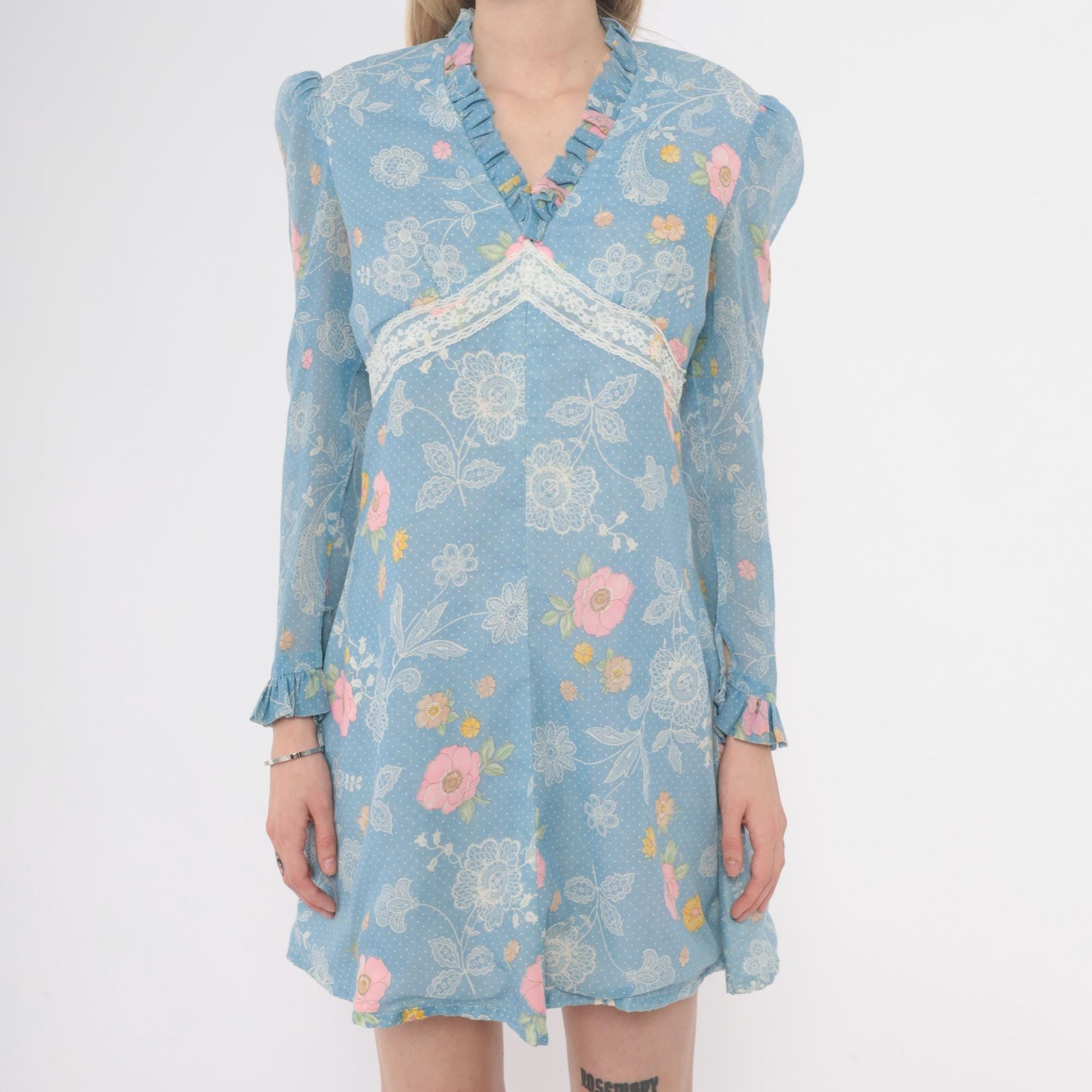 70s Light Blue Floral Mini Dress Long Sleeve Ruffle Lace Trim Small