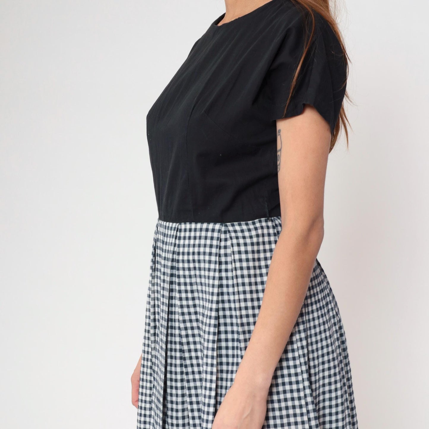 90s Black White Gingham Dress Crew Neck A-Line Knee Length Cotton Medium M