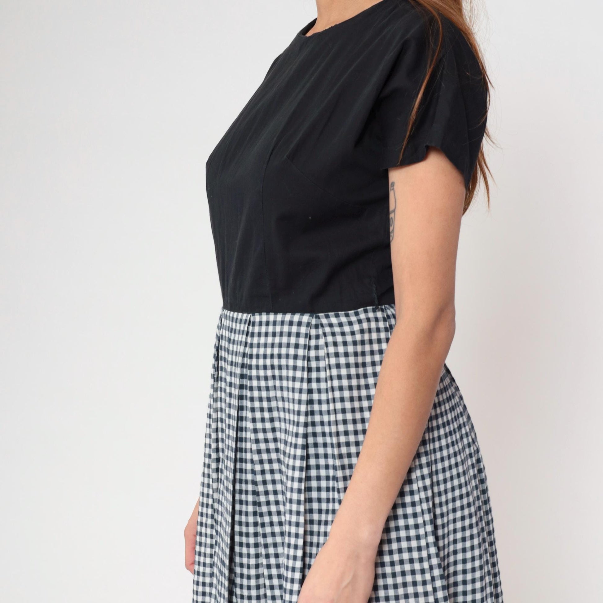 90s Black White Gingham Dress Crew Neck A-Line Knee Length Cotton Medium M