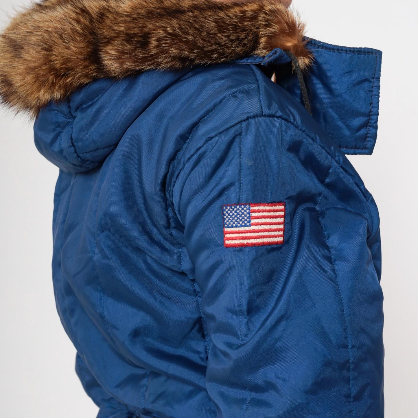 70s Polarware Ski Suit Blue Snowsuit Fur Hood American Flag Mens Medium