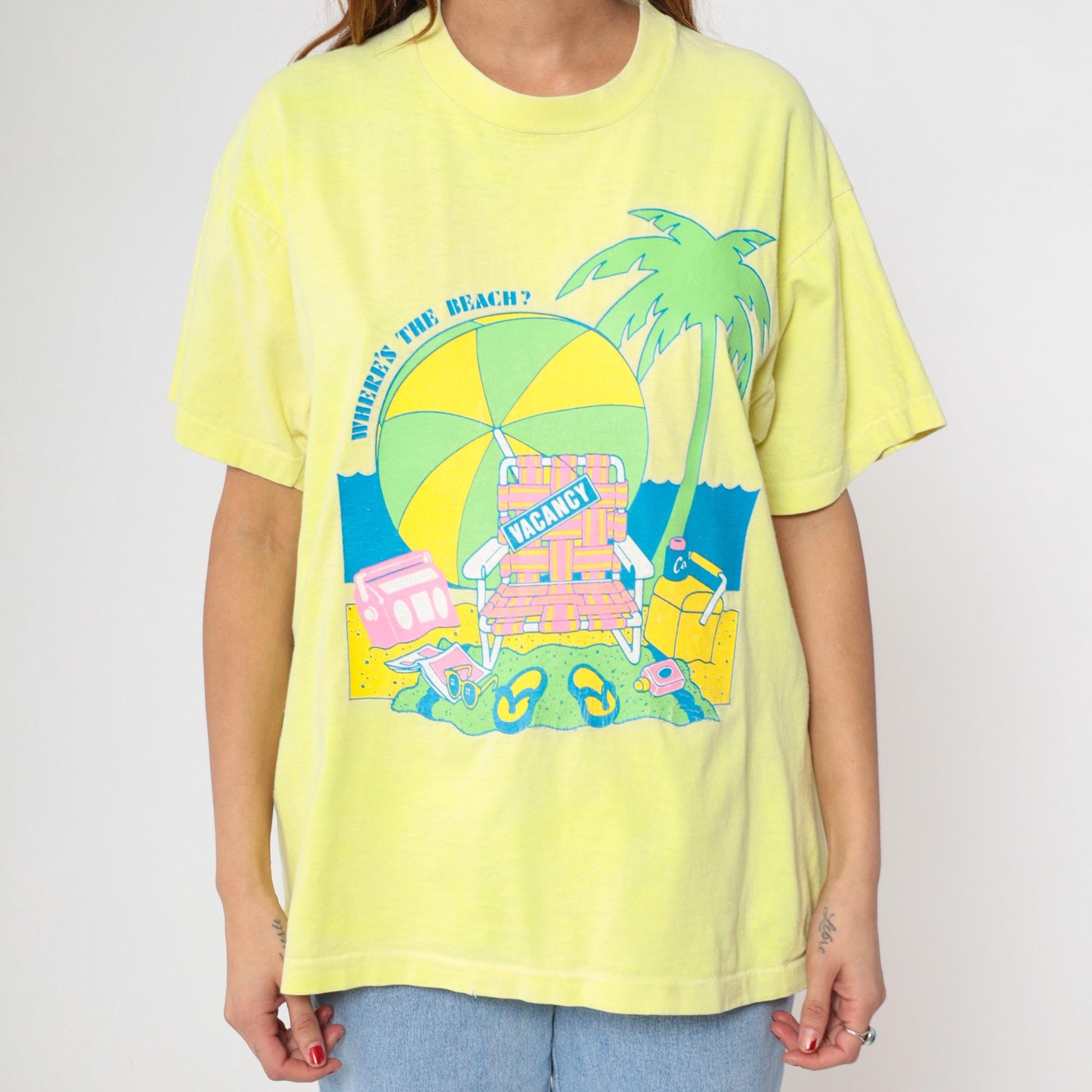 90s Fruit of the Loom Yellow Beach Graphic T-Shirt Where's The Beach Extra Large XL