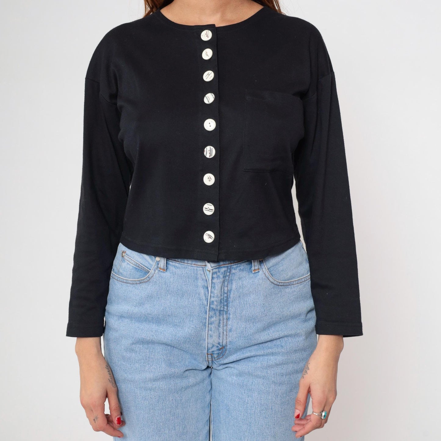90s Adrenaline Black Cropped Cardigan White Buttons Crew Neck Medium M