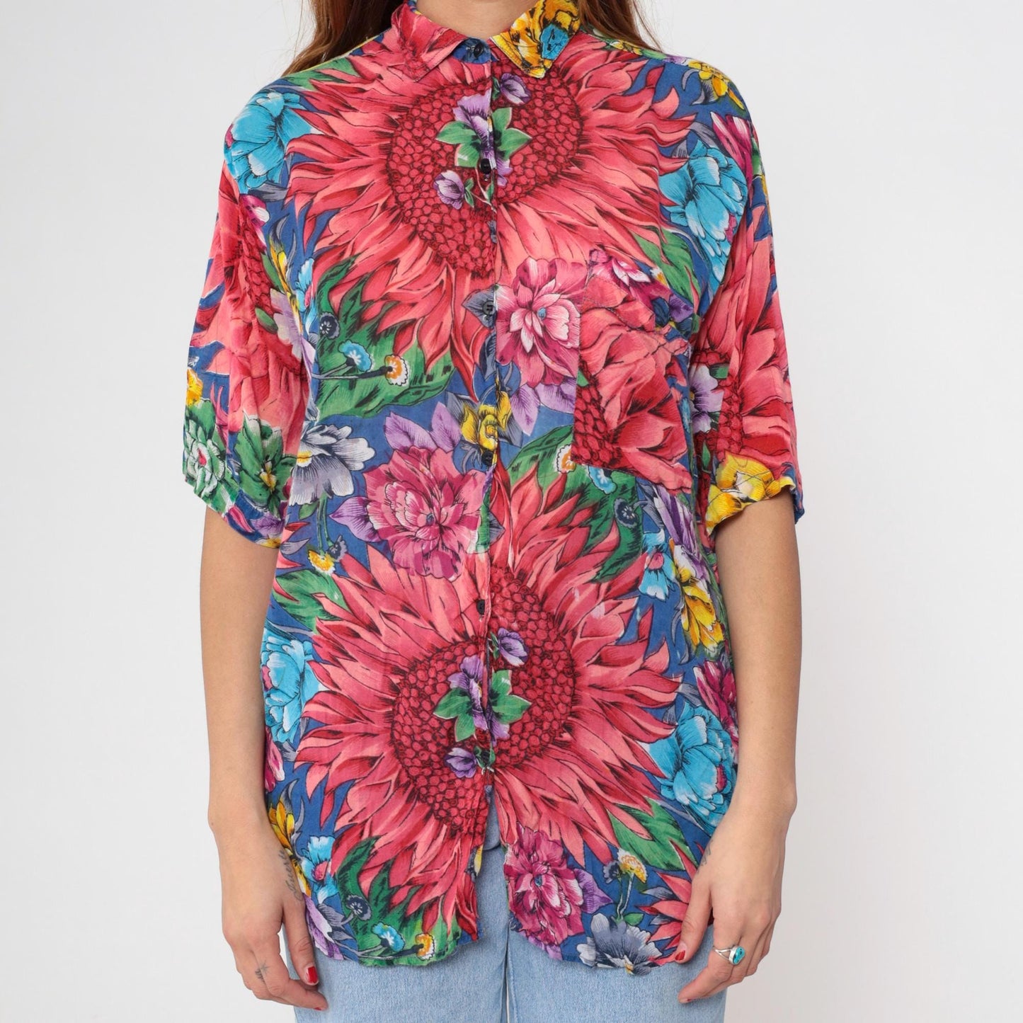 90s Floral Cotton Mandarin Collar Shirt Pink Dahlia Print Large L