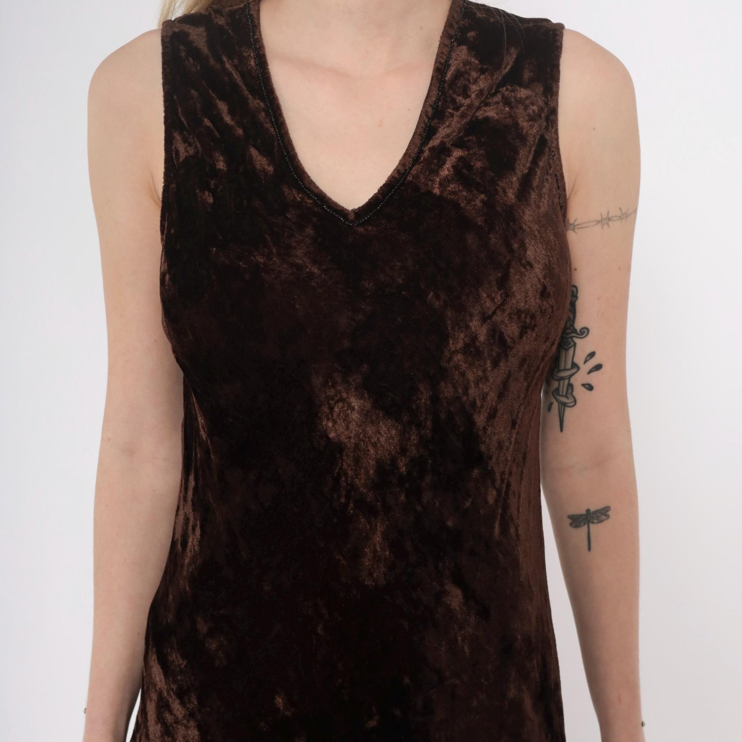 90s April Cornell Velvet Maxi Dress Brown V-Neck Sleeveless Small S