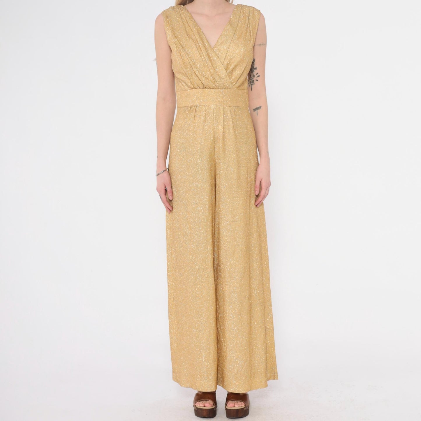 70s Gold Metallic Jumpsuit Sleeveless V-Neck Wide Leg Spiegel Small