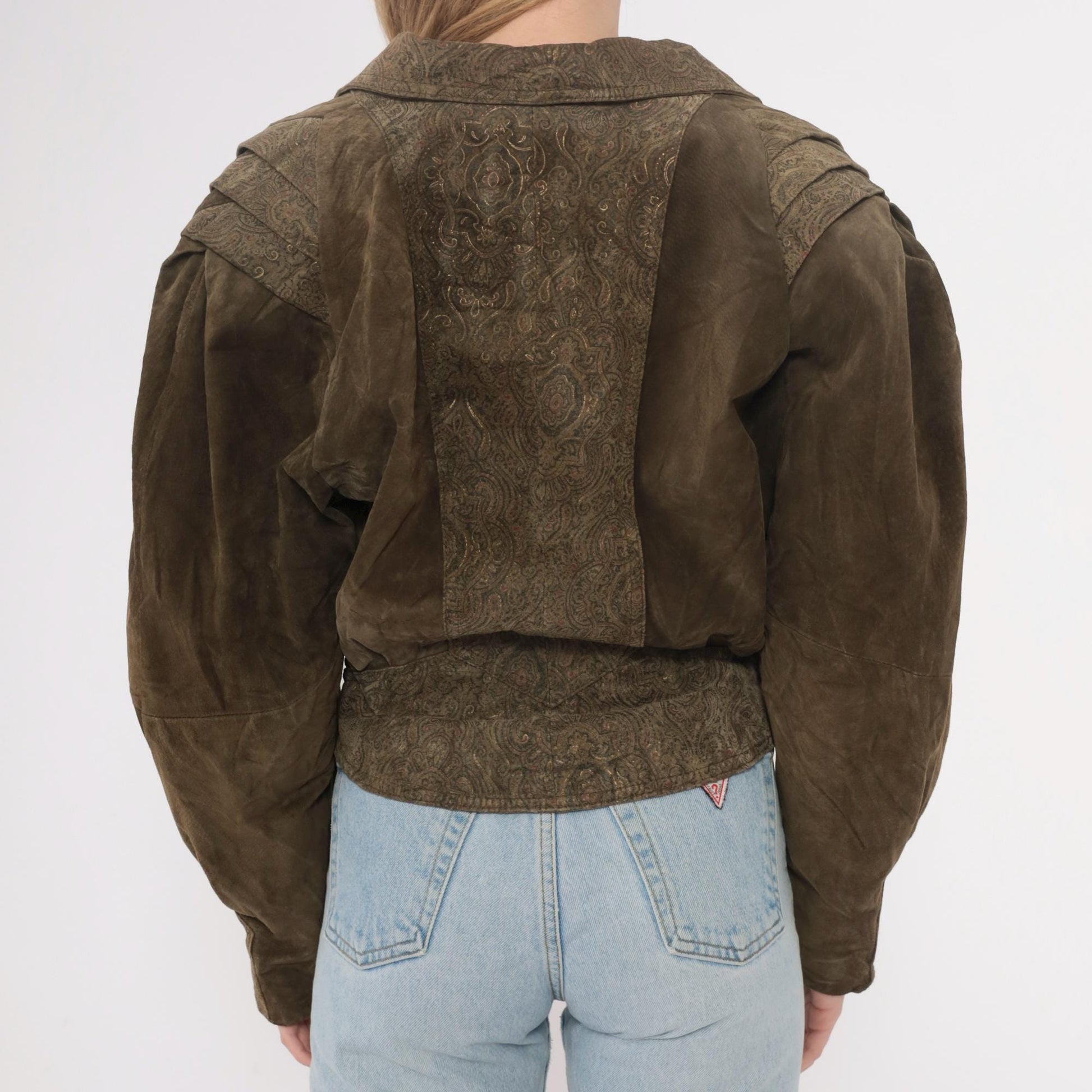 90s Olive Brown Leather Jacket Paisley Embossed Belted Cropped Small