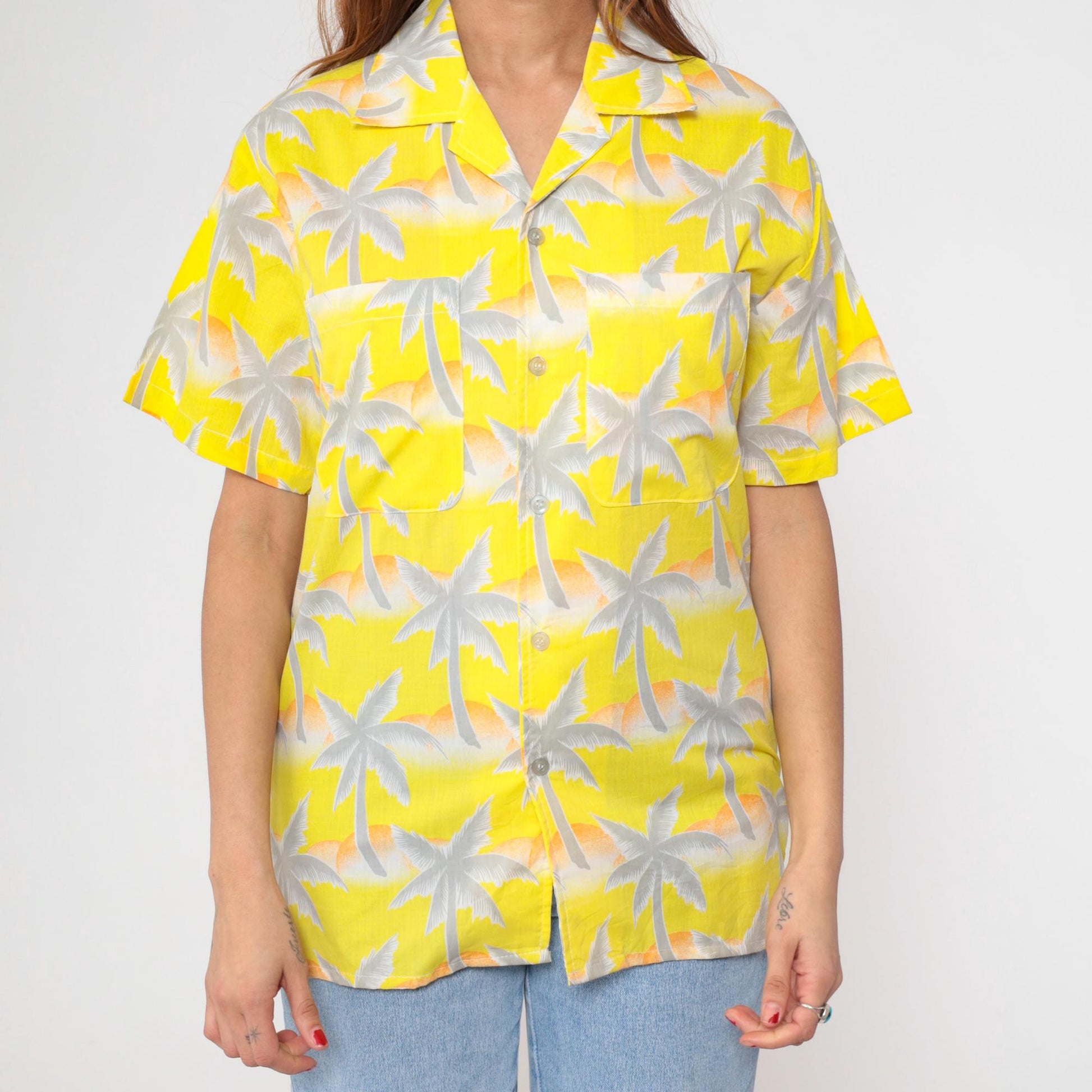 80s Tropicana Hawaiian Shirt Yellow Palm Tree Orange White Small