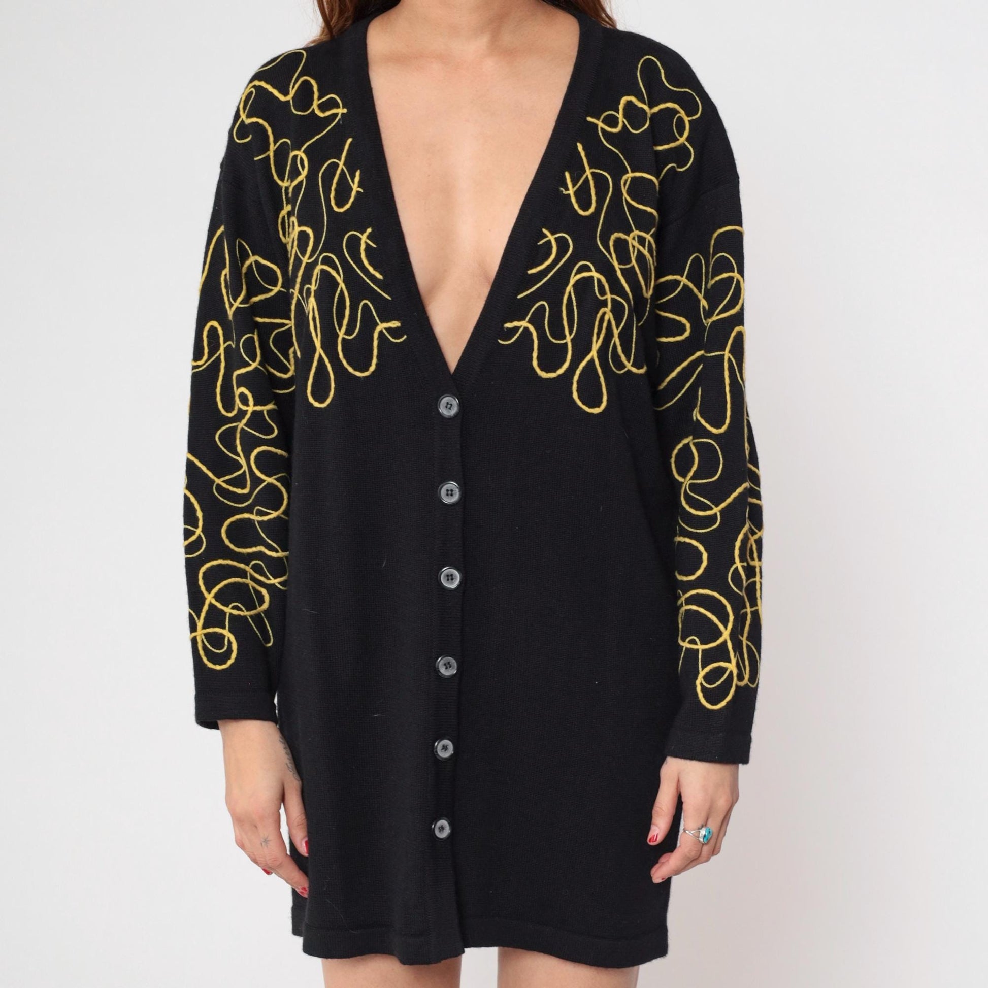 90s Mondi Black Cardigan Gold Embroidered Abstract Wool Blend Longline Medium