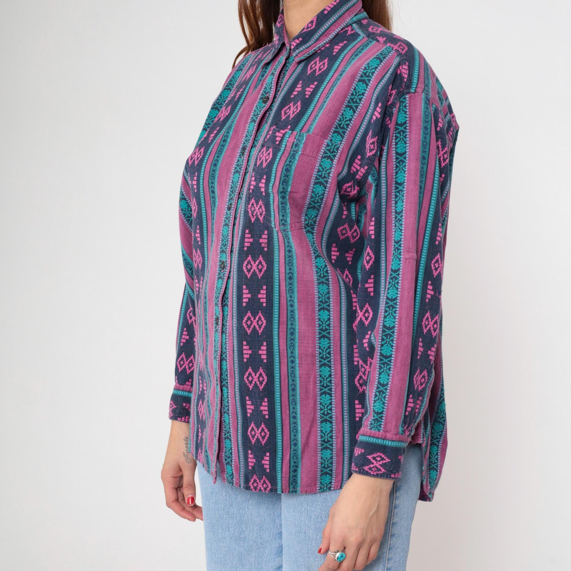 90s Southwestern Tribal Geometric Button-Up Shirt Purple Magenta Teal Large L