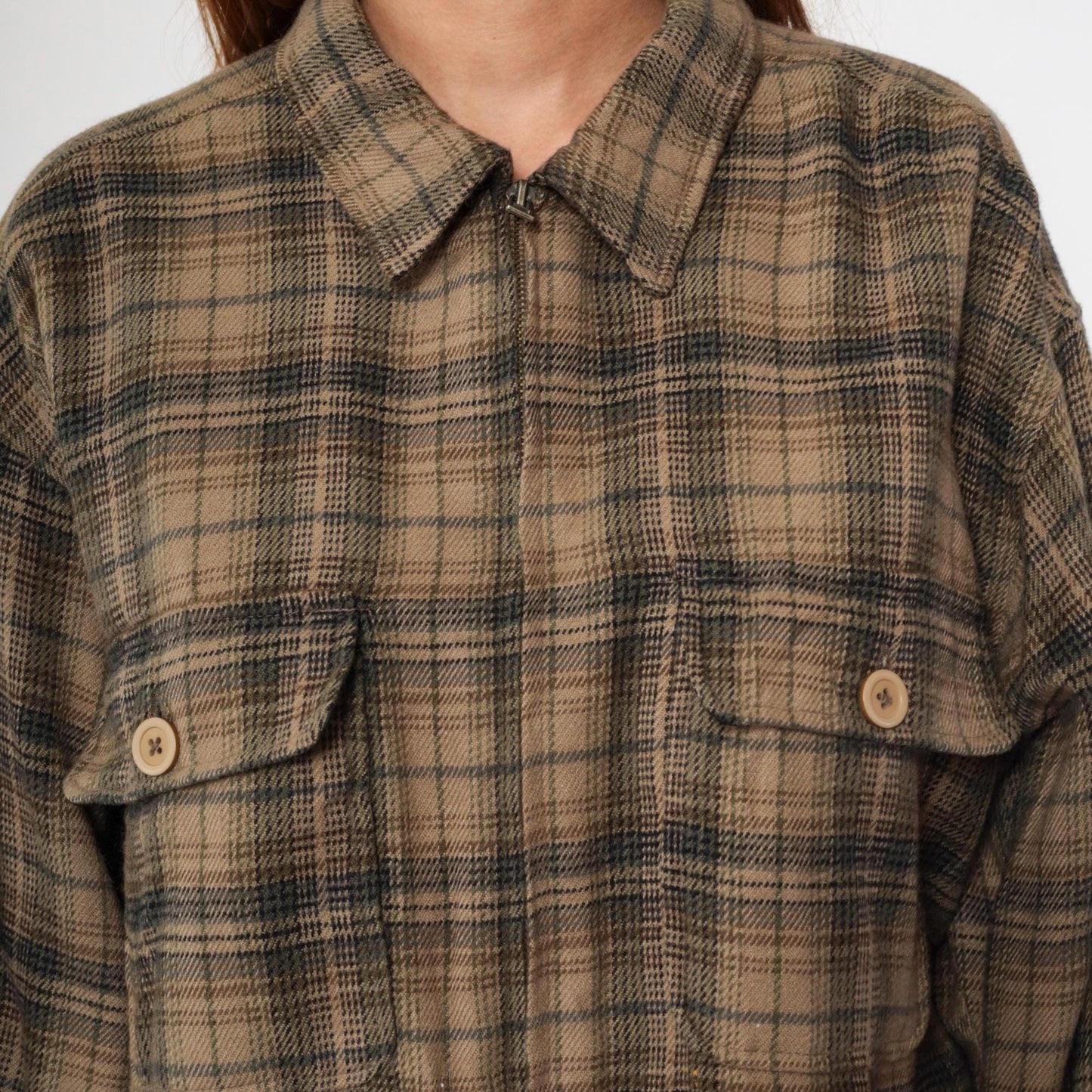 Y2K Shaver Lake Plaid Shirt Jacket Brown Green Checked Collared Large L