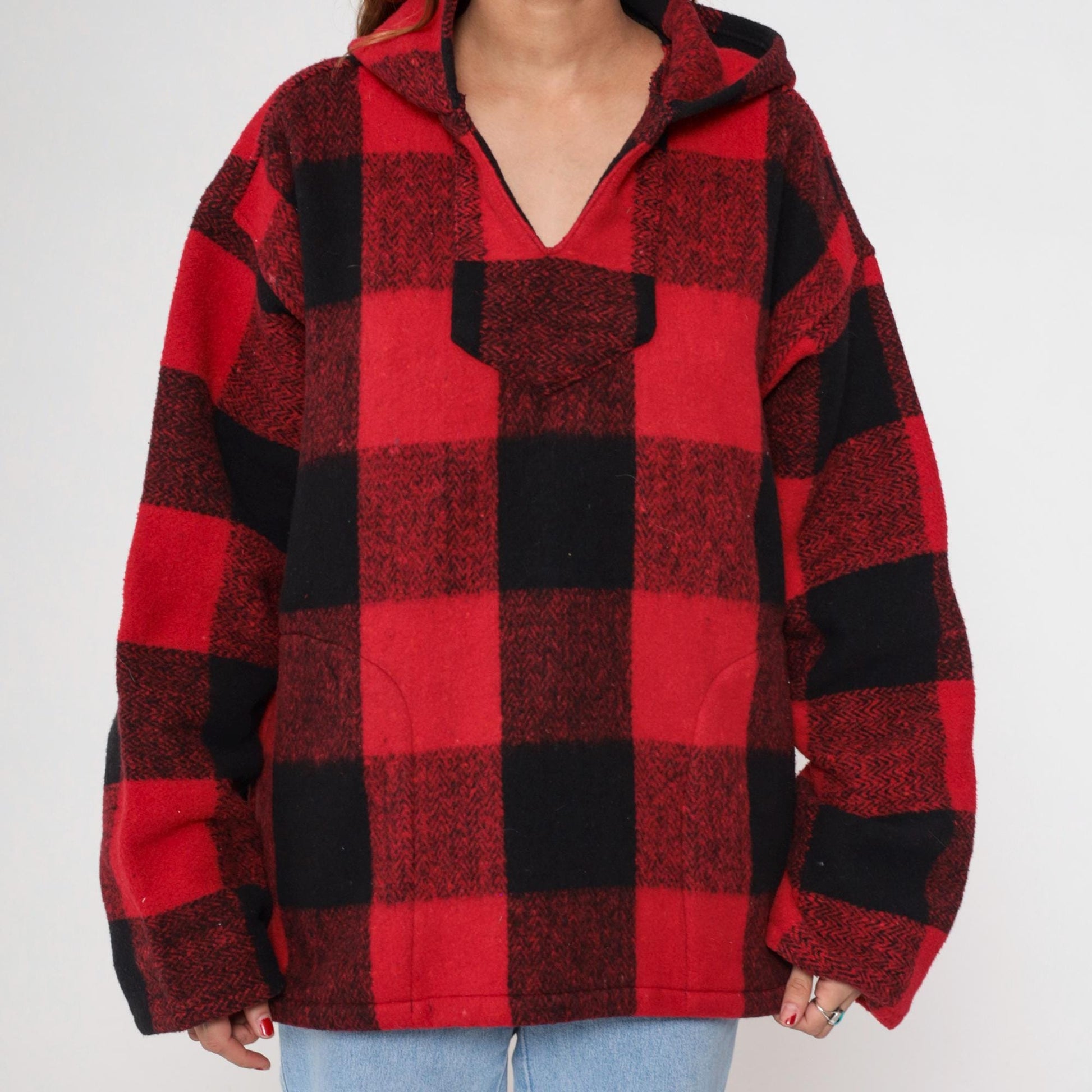 90s Buffalo Plaid Hoodie Red Black Half-Zip Earth Ragz Fleece Large L