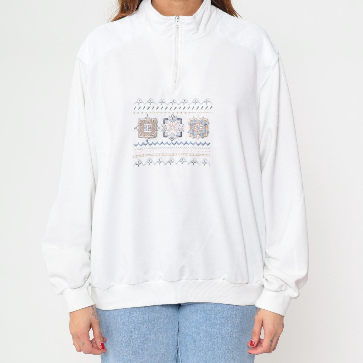 80s Alfred Dunner Quarter-Zip Sweatshirt White Geometric Embroidered Extra Large
