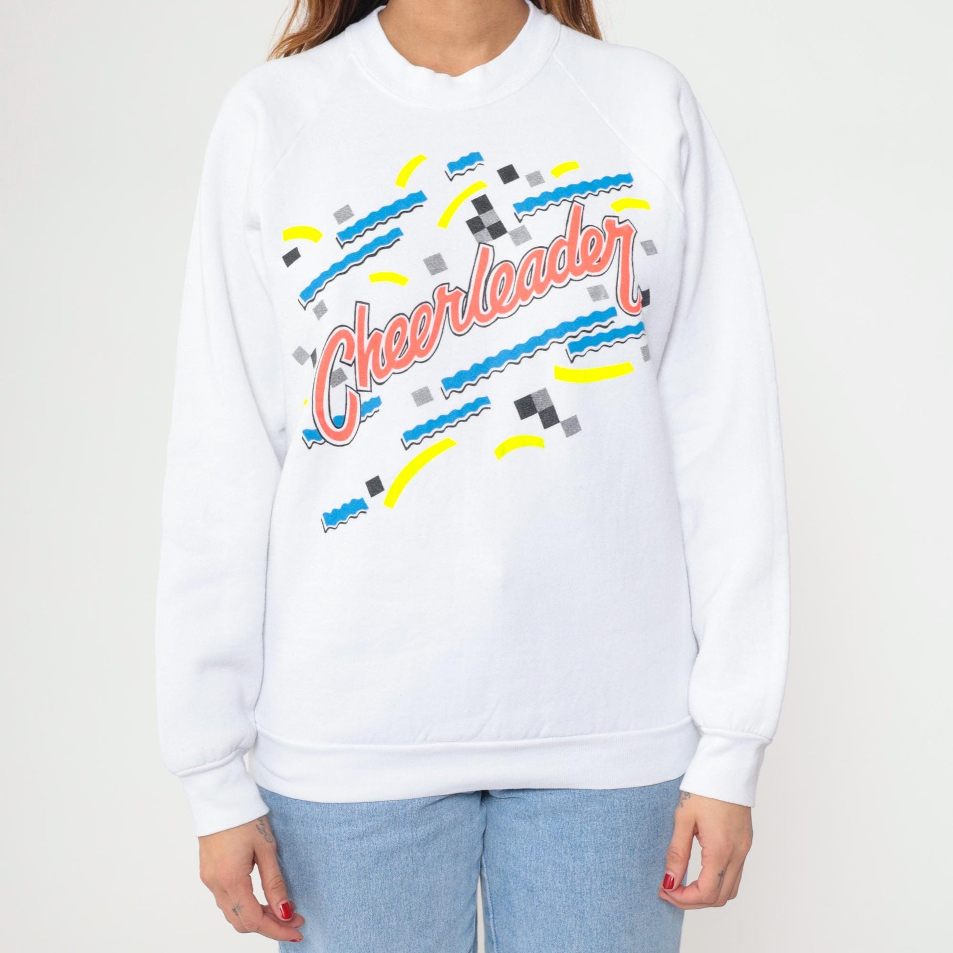 90s Cheerleader Sweatshirt White Graphic Raglan Pullover Large L