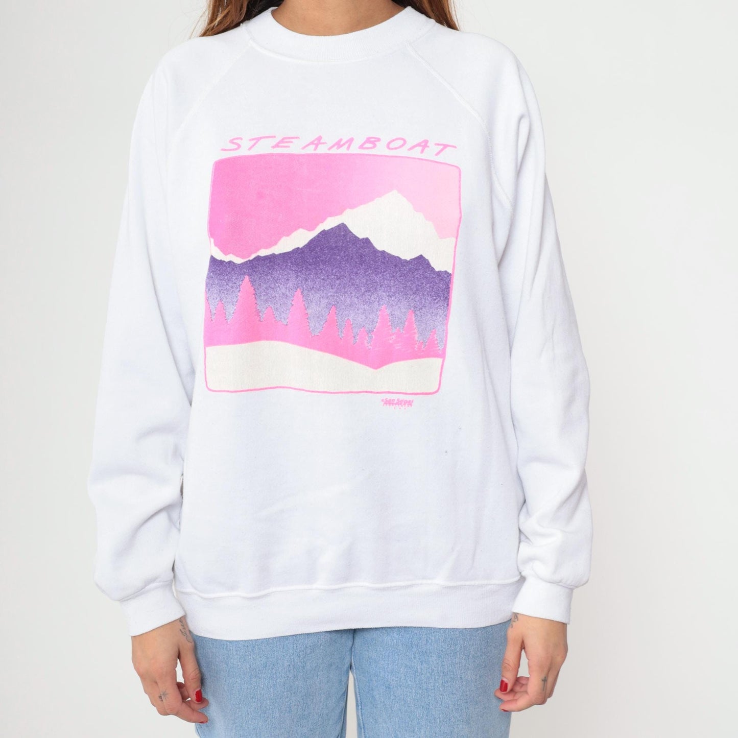 90s Steamboat Mountain Hanes Sweatshirt White Raglan Graphic XL