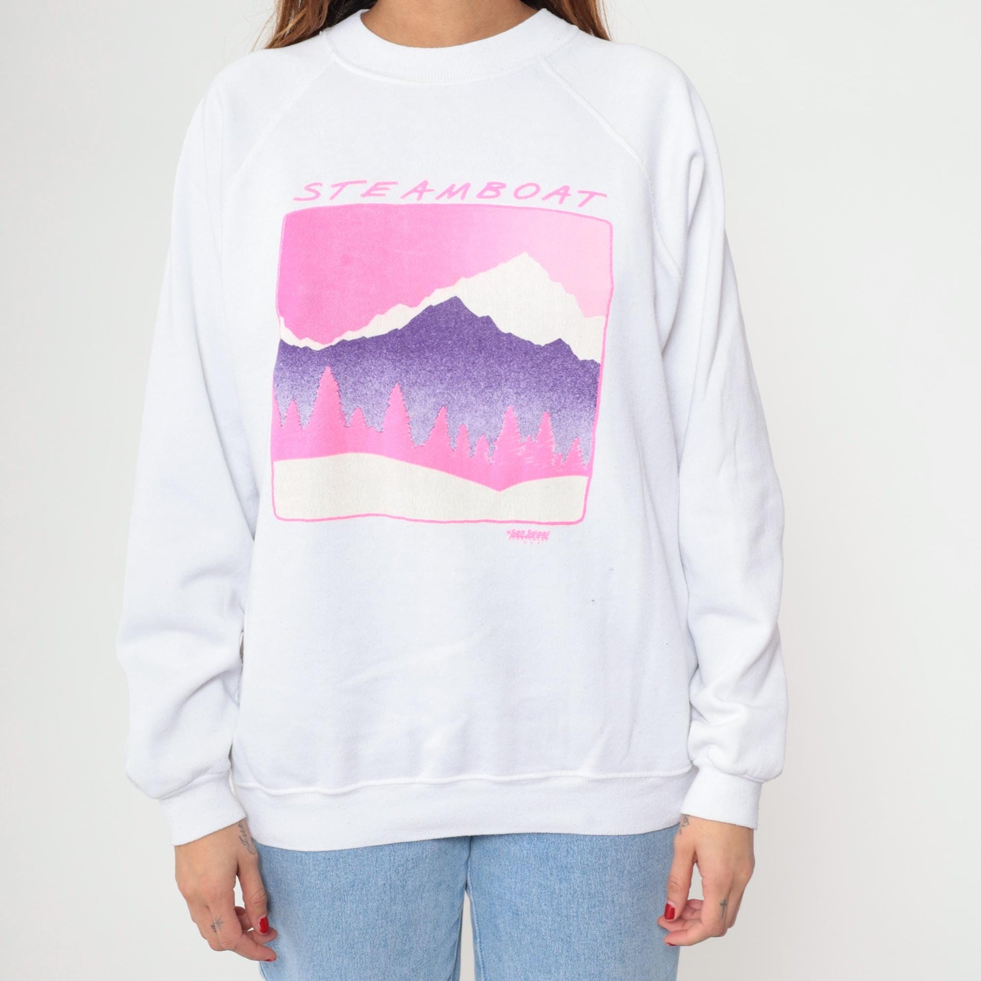 90s Steamboat Mountain Hanes Sweatshirt White Raglan Graphic XL