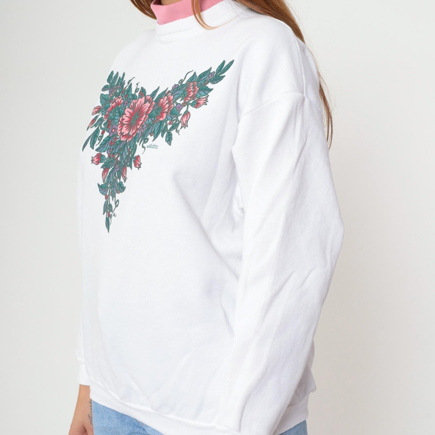 90s White Floral Mock Neck Sweatshirt Pink Collar Cotton Petite Large