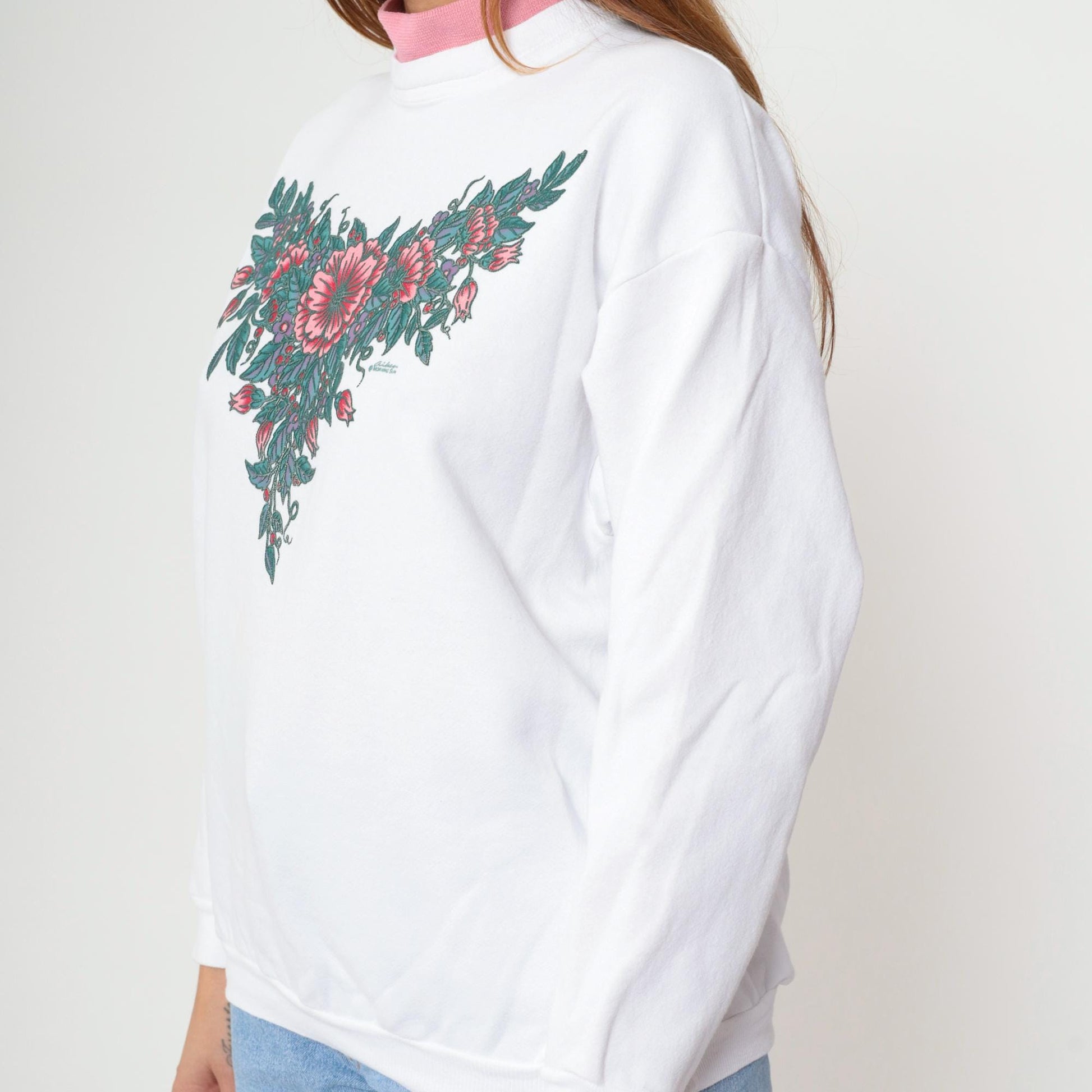 90s White Floral Mock Neck Sweatshirt Pink Collar Cotton Petite Large