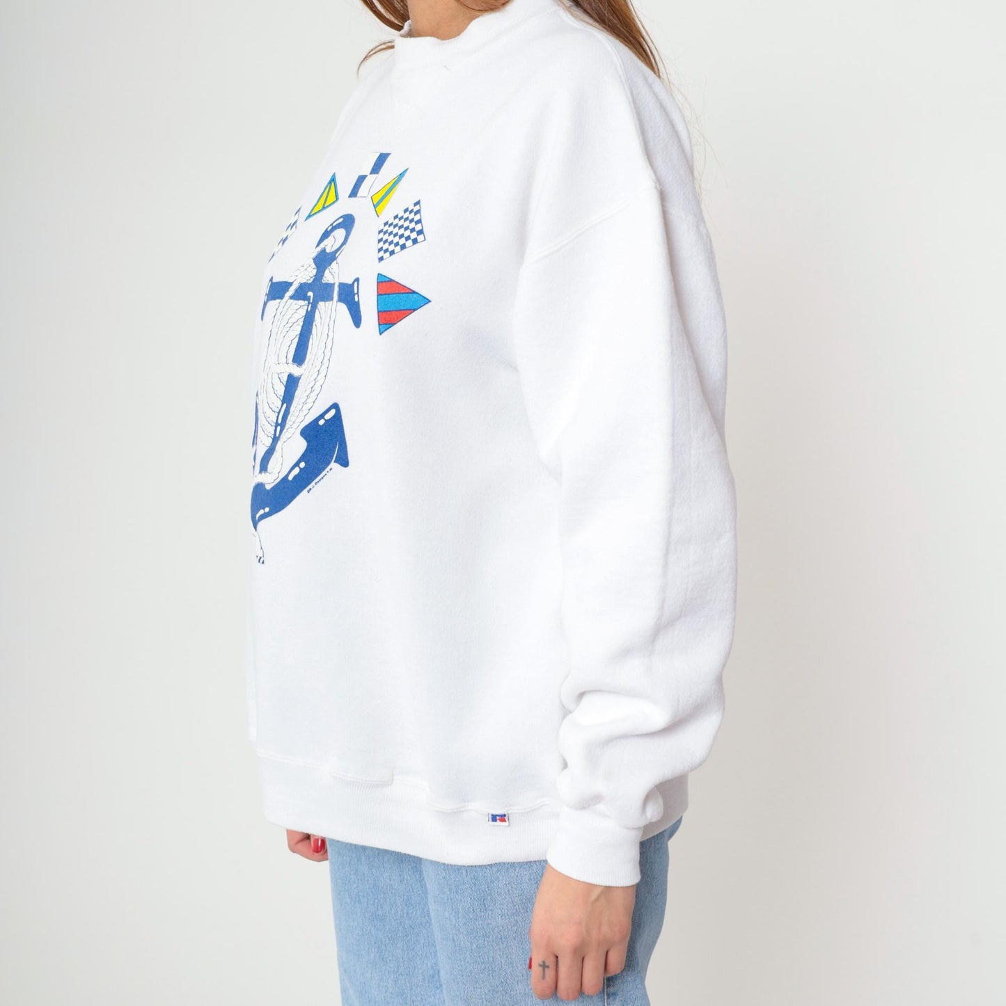 90s Russell Athletic Nautical Anchor Sweatshirt White Embroidered Signal Flags Extra Large XL