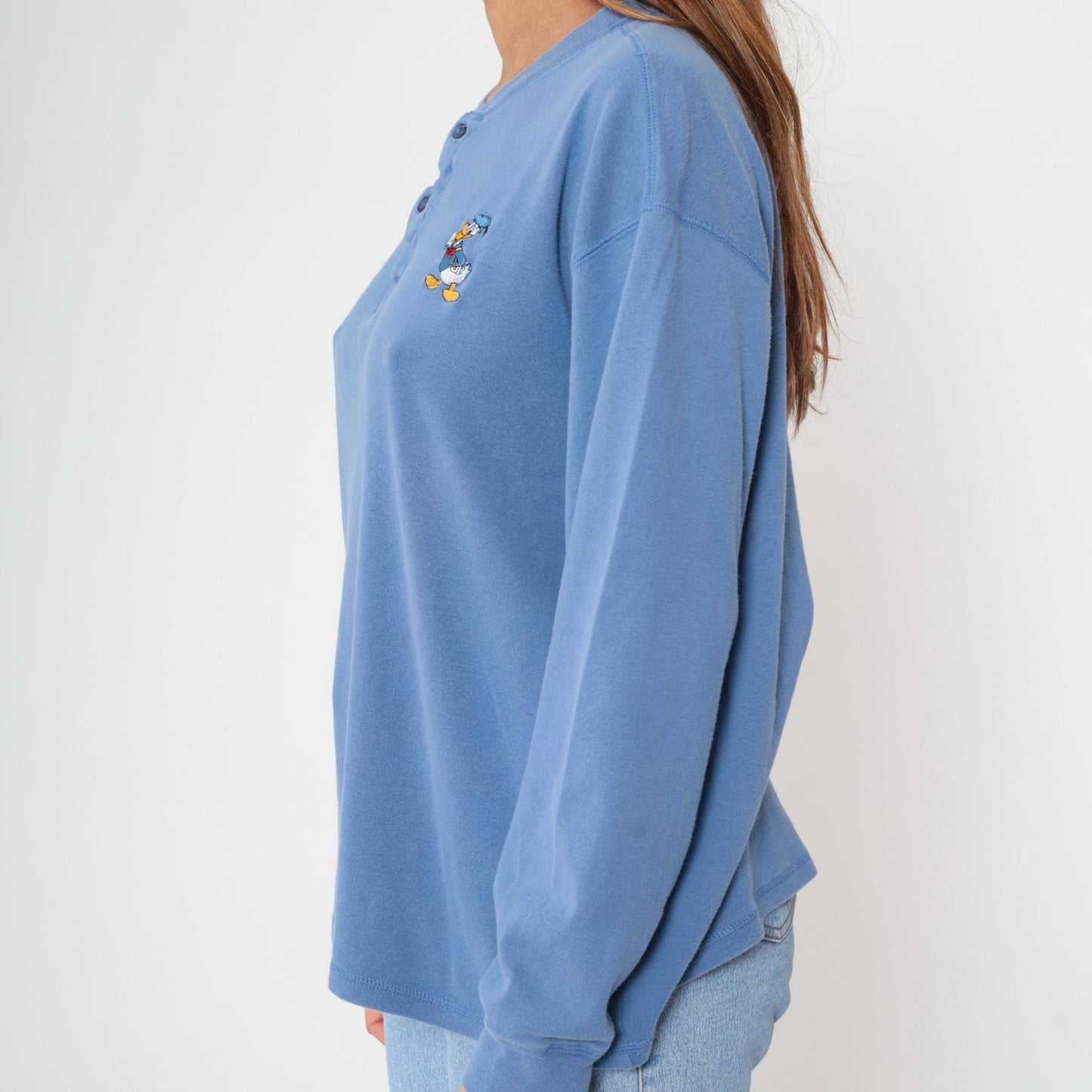 90s Donald Duck Henley Shirt Periwinkle Blue Embroidered Cotton Medium