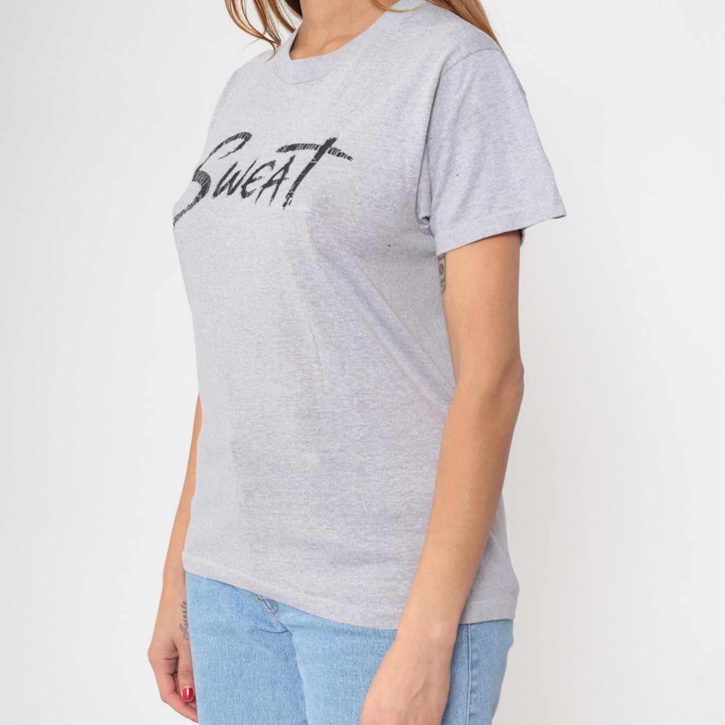 80s SWEAT Graphic T-Shirt Grey Crewneck Short Sleeve Medium