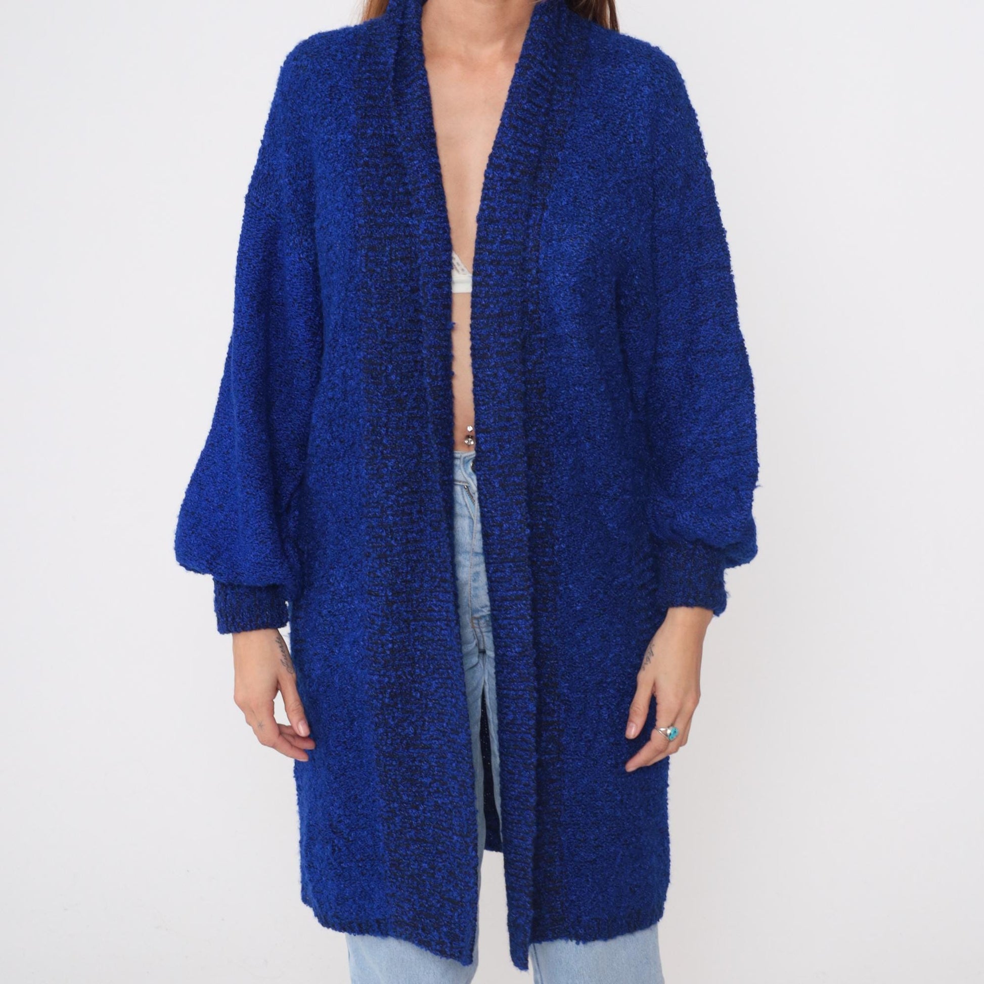 90s Sideffects Royal Blue Boucle Cardigan Duster Knee-Length Medium M