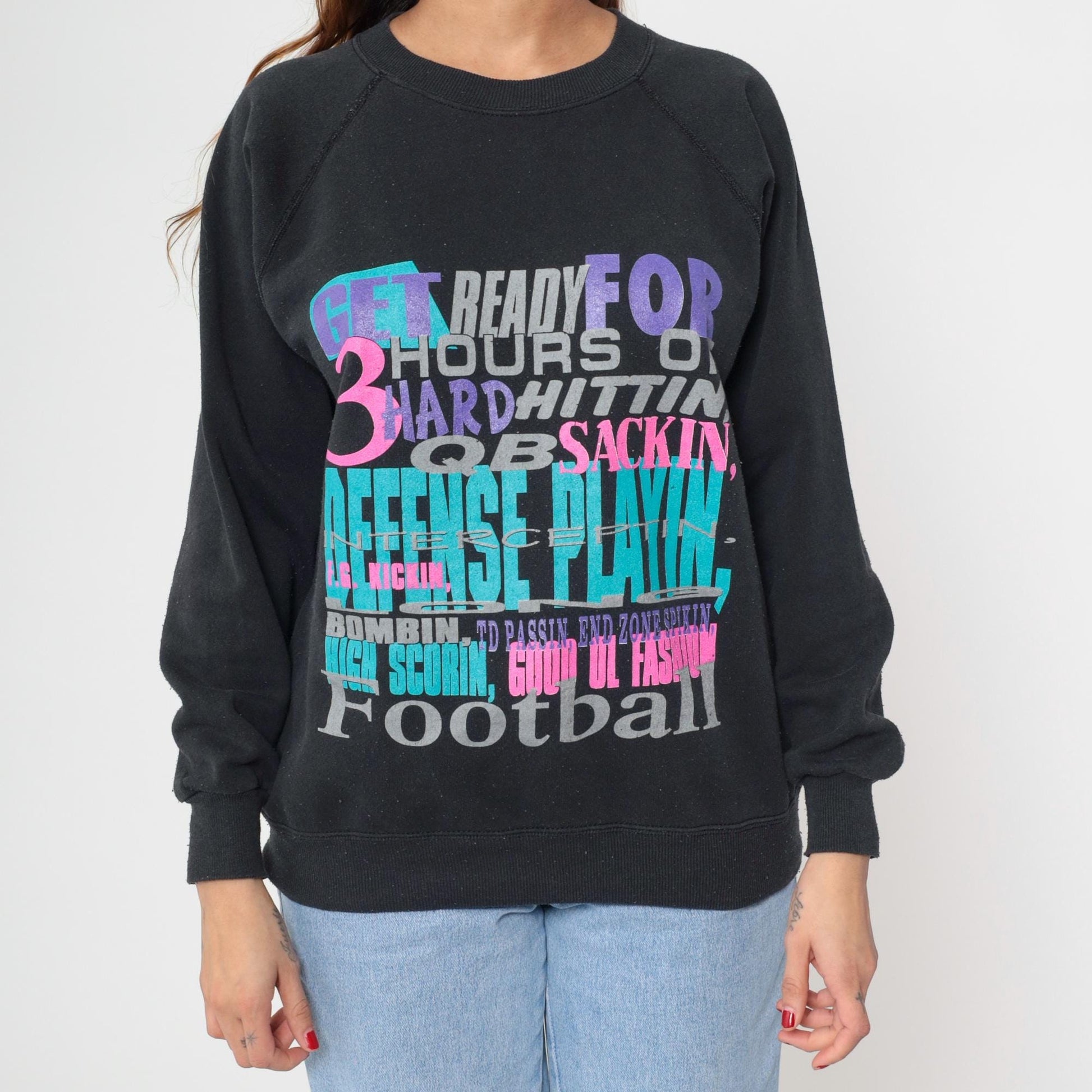 90s Hanes Football Sweatshirt Black Raglan Graphic Crew Neck Medium