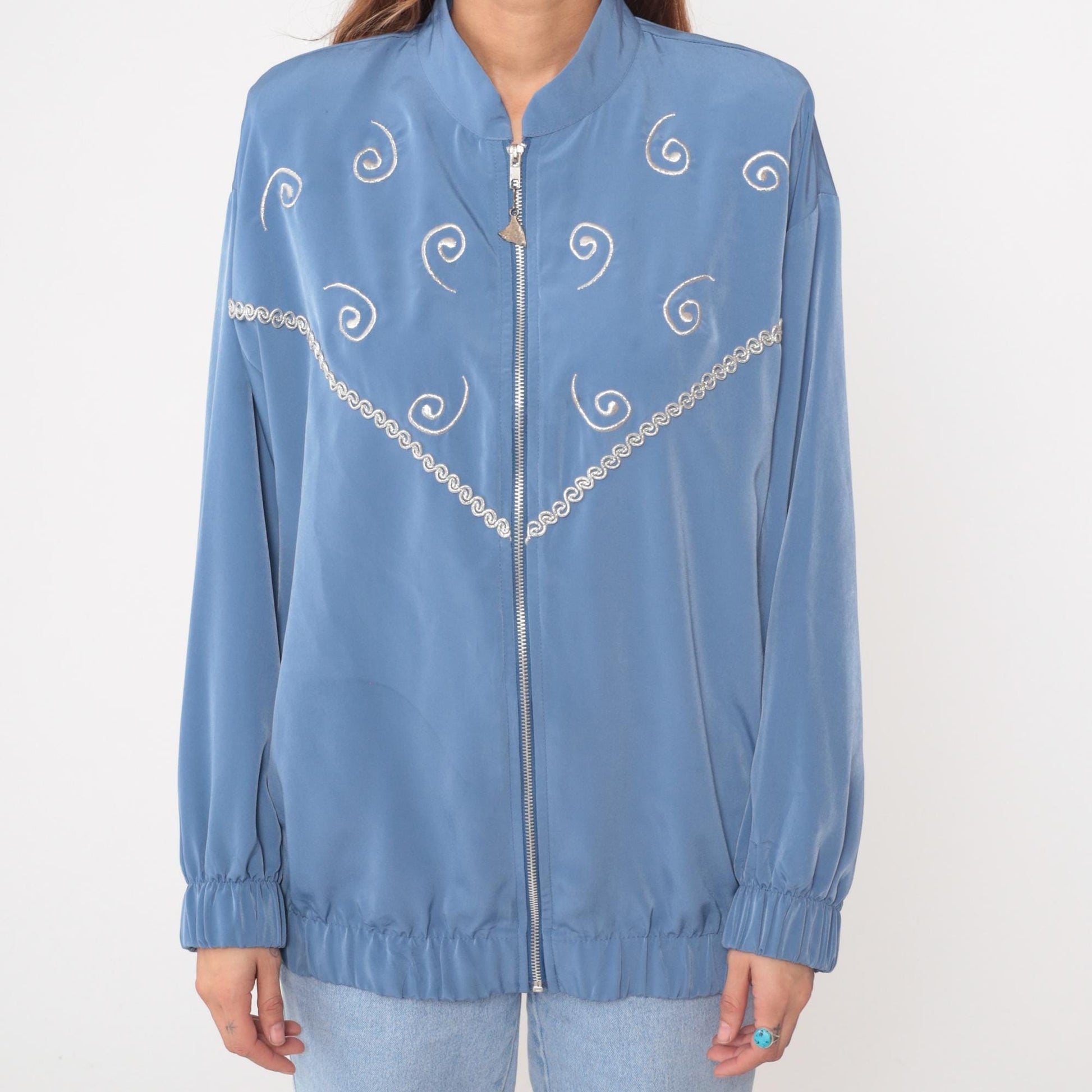 90s Silver Threads Powder Blue Bomber Jacket Spiral Embroidery Medium M