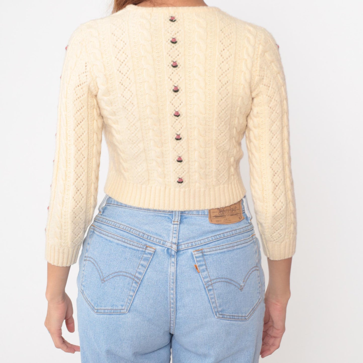 80s Cream Wool Cable Knit Cardigan Embroidered Roses Cropped Extra Small XS