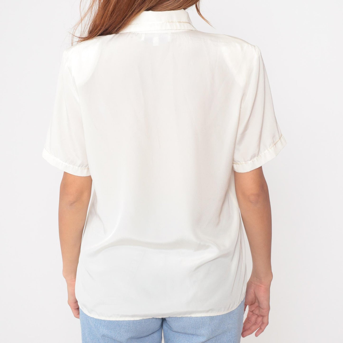 90s Casual Corner Cream Blouse Pointed Collar Pintuck Pleated Short Sleeve Medium