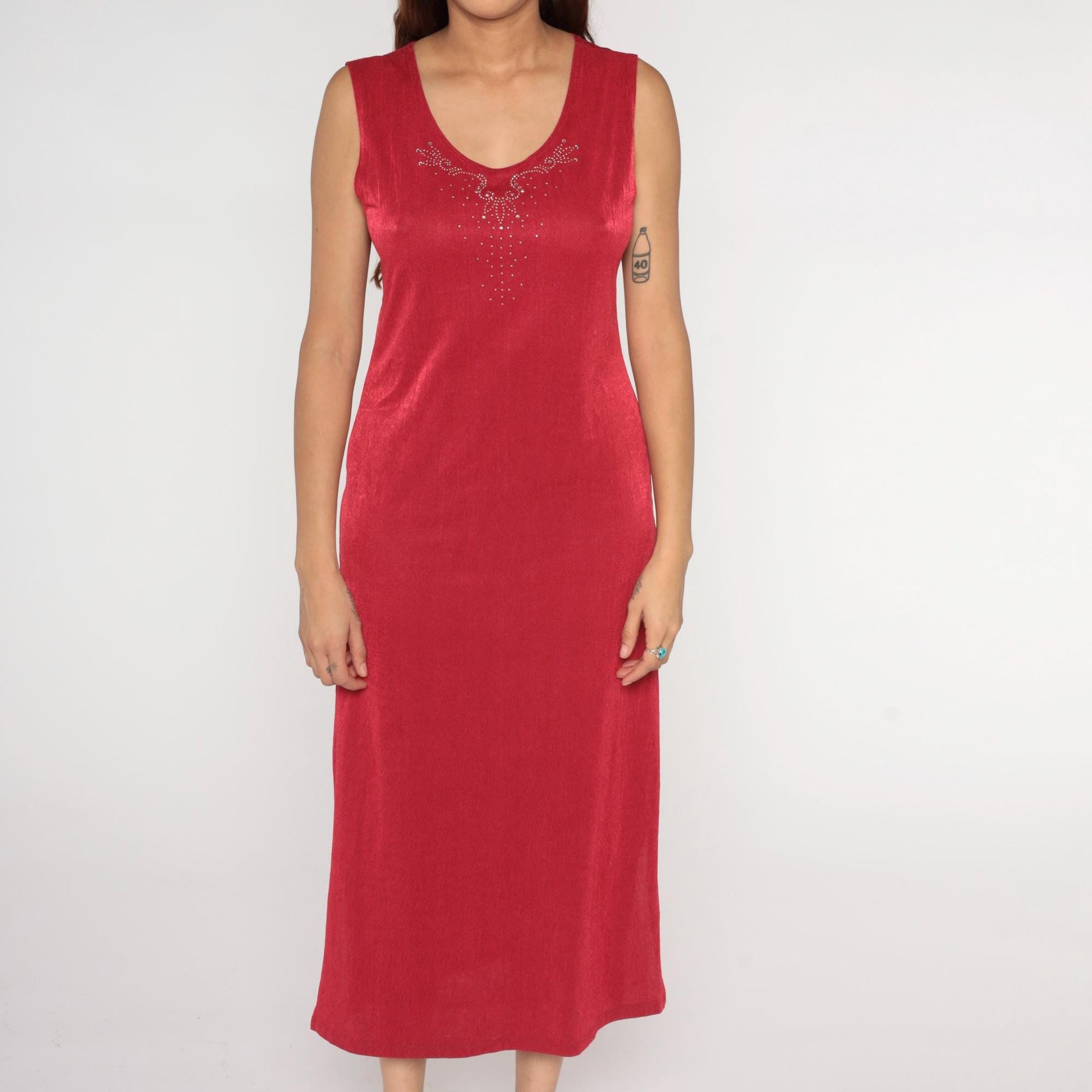 90s Red Rhinestone V-Neck Midi Dress Sleeveless Bodycon Medium M