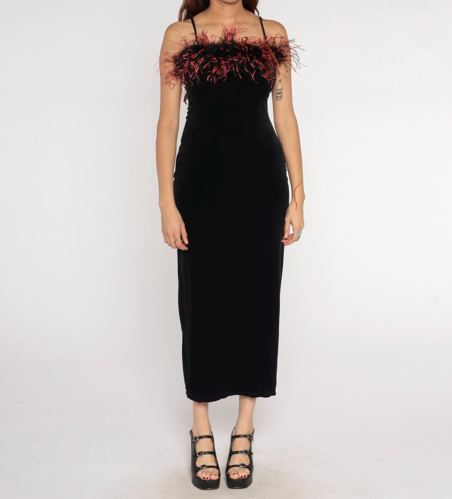 90s Black Velvet Maxi Dress Feather Trim Bodycon Slit Medium M
