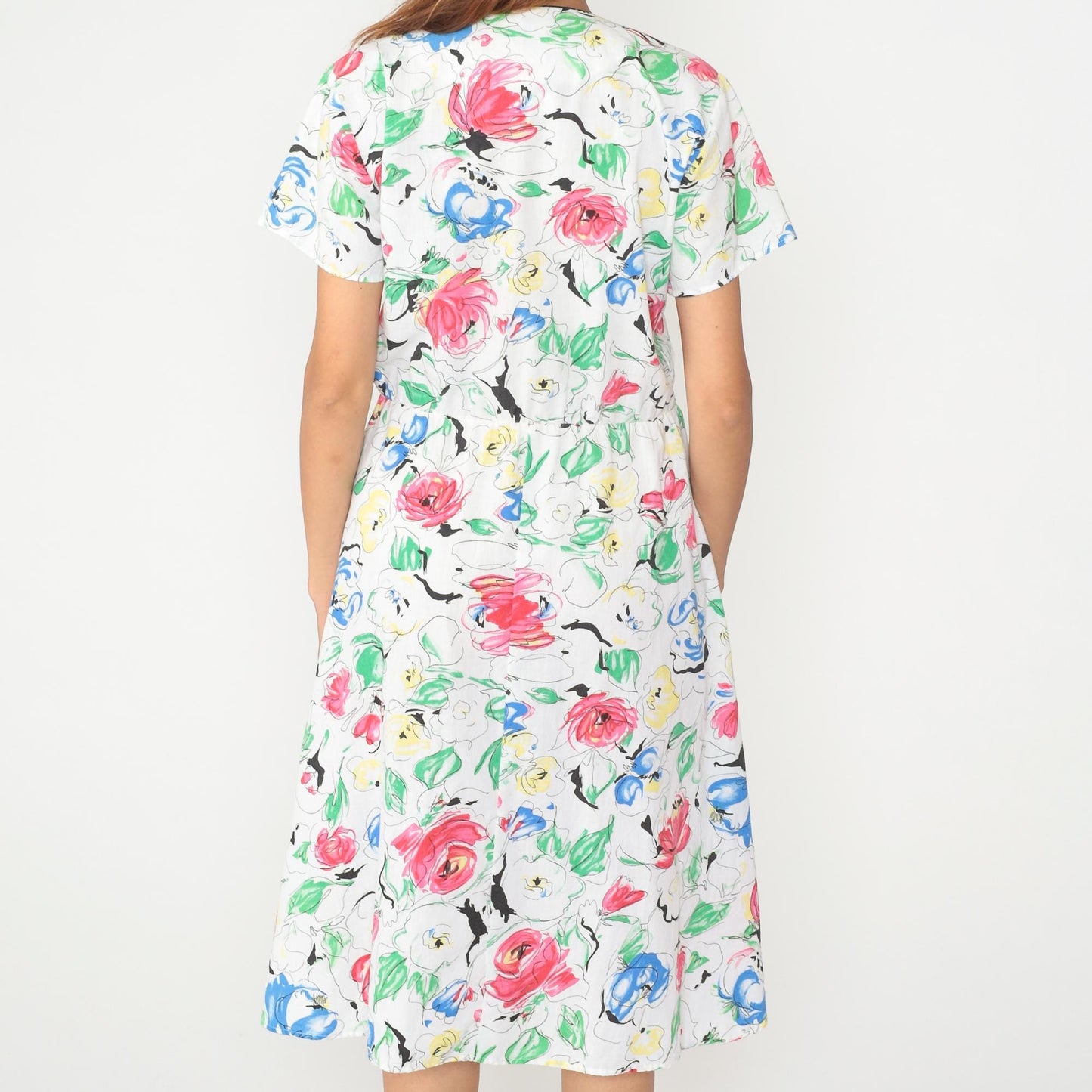 90s Charleston Rags Floral Midi Dress White Cotton Short Sleeve Medium