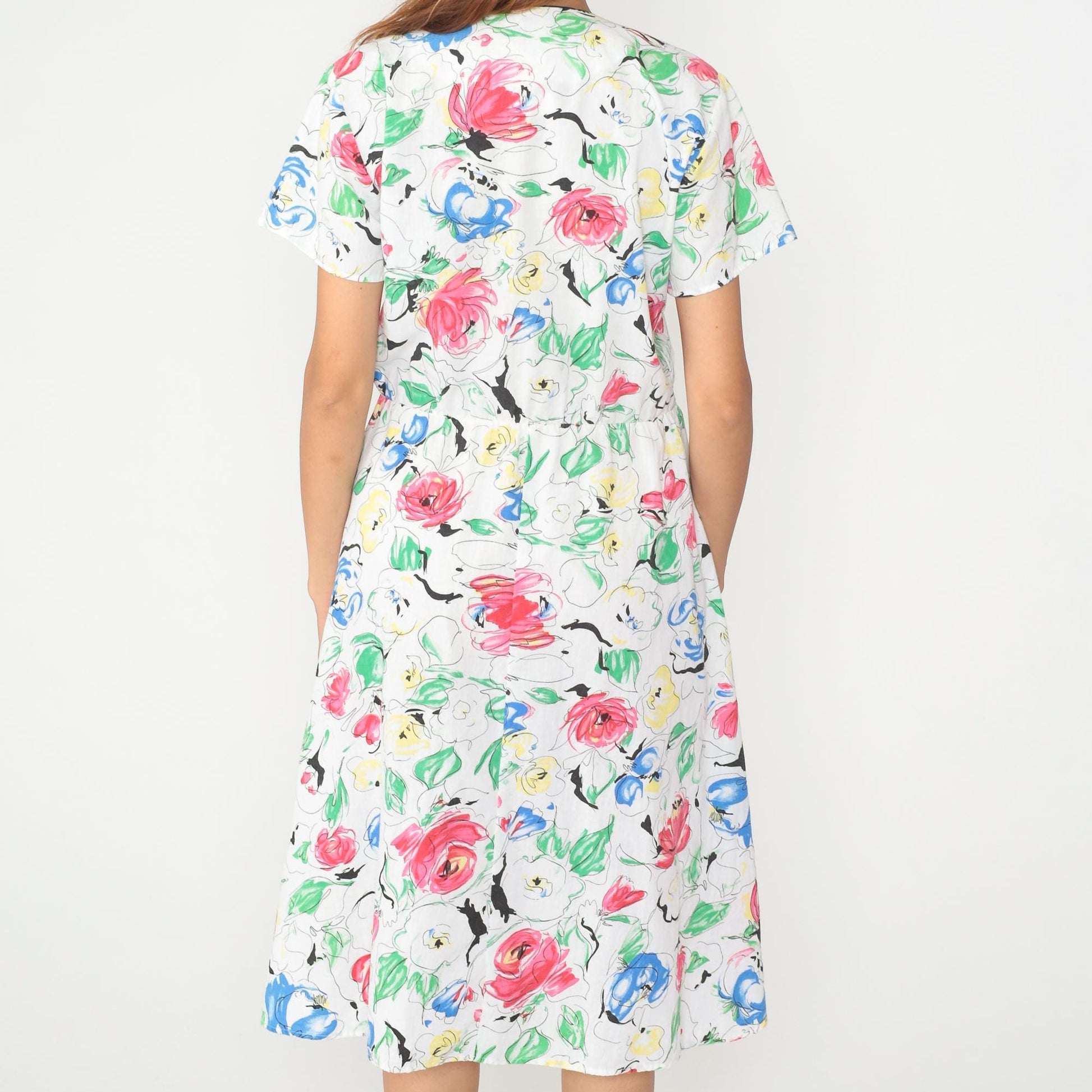 90s Charleston Rags Floral Midi Dress White Cotton Short Sleeve Medium