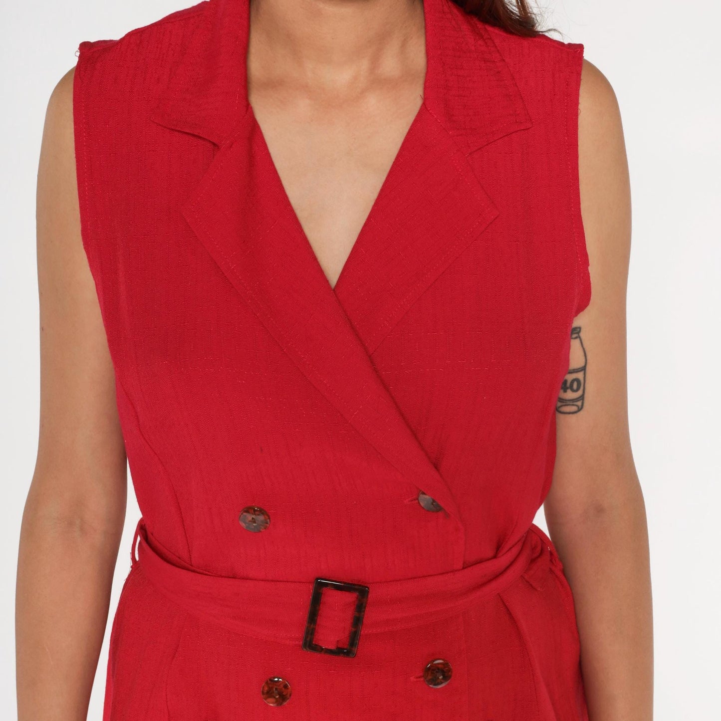 90s Sag Harbor Red Midi Dress Sleeveless Button Front Belted Notched Collar Large