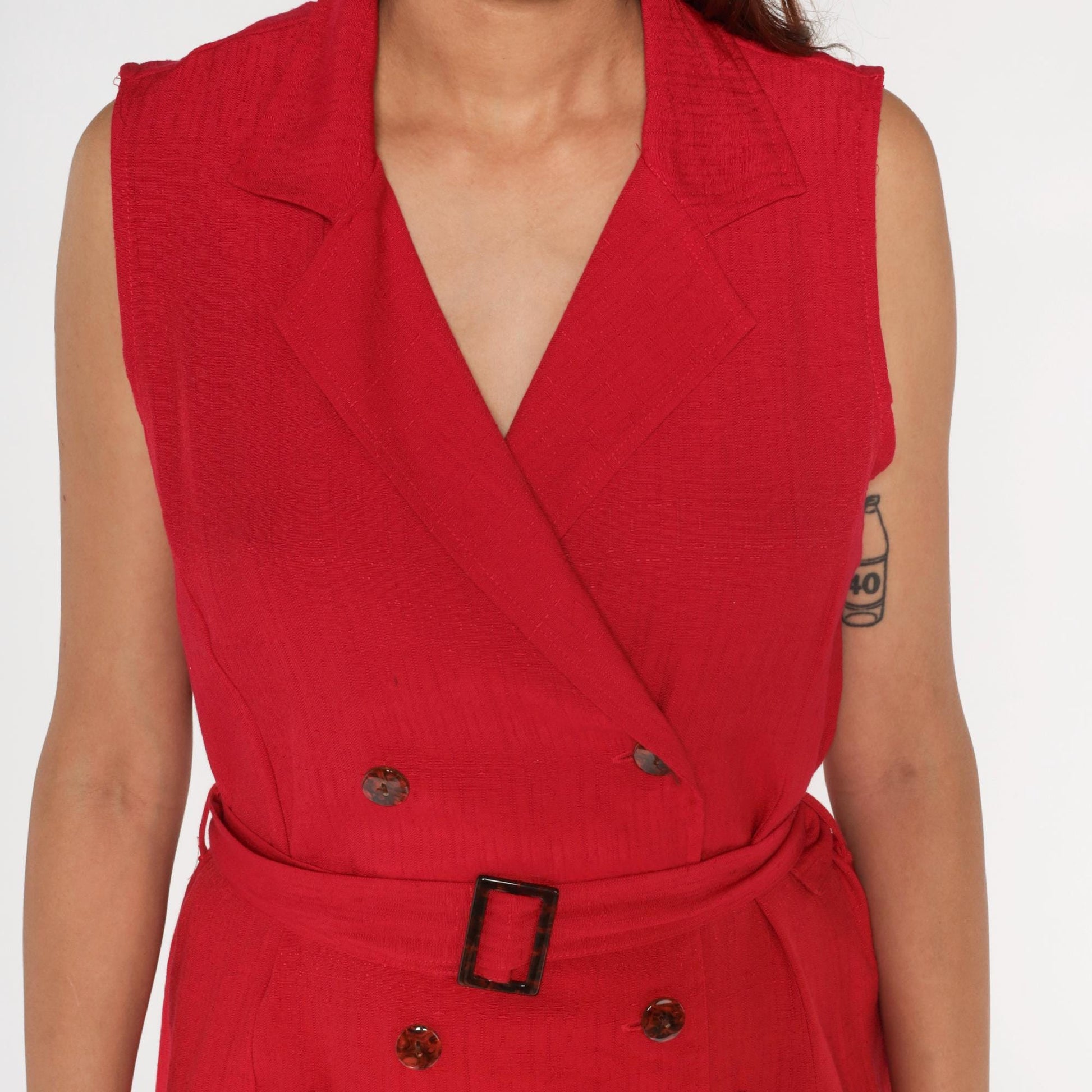 90s Sag Harbor Red Midi Dress Sleeveless Button Front Belted Notched Collar Large