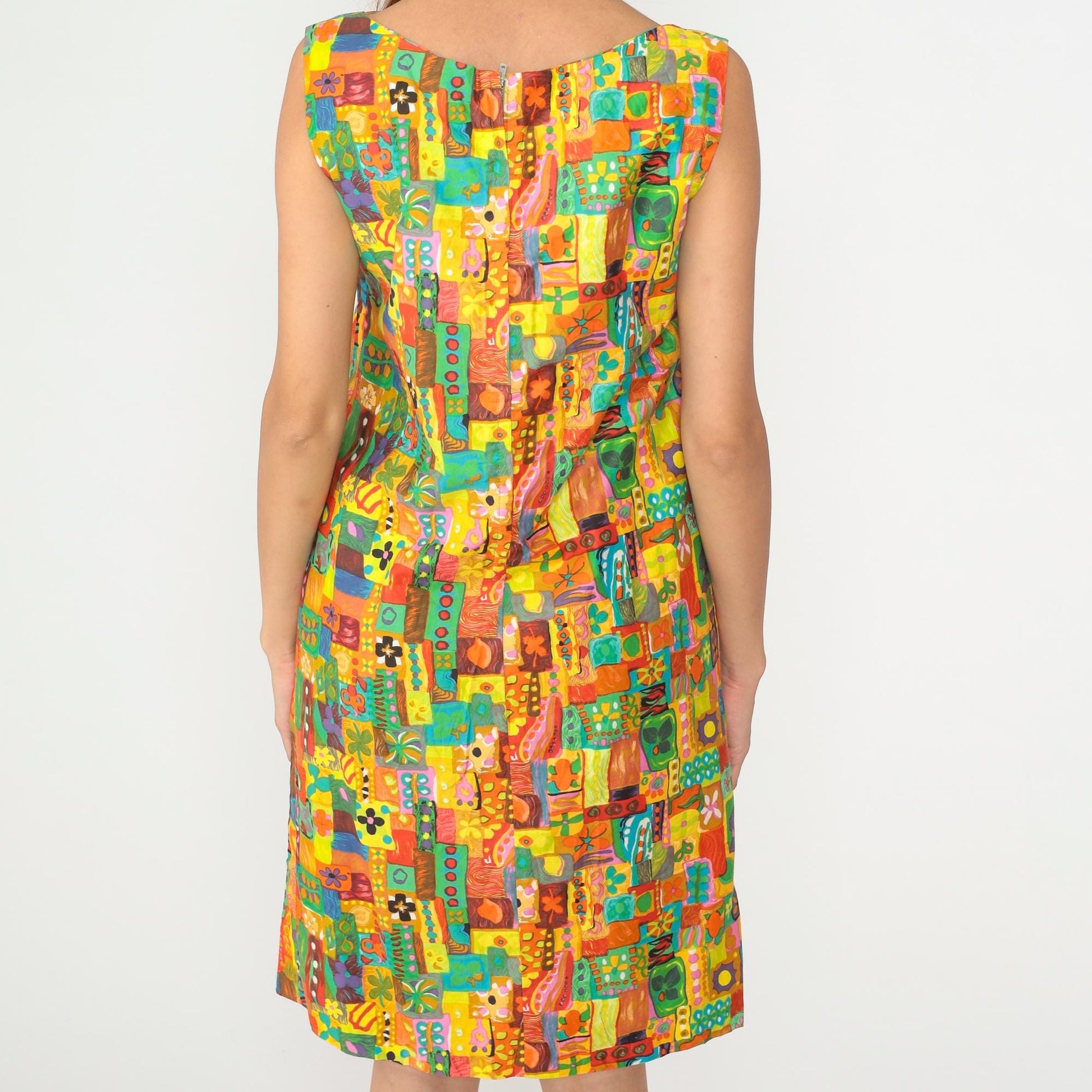 60s Psychedelic Patchwork Shift Dress Multicolor Geometric Mini Cotton Medium